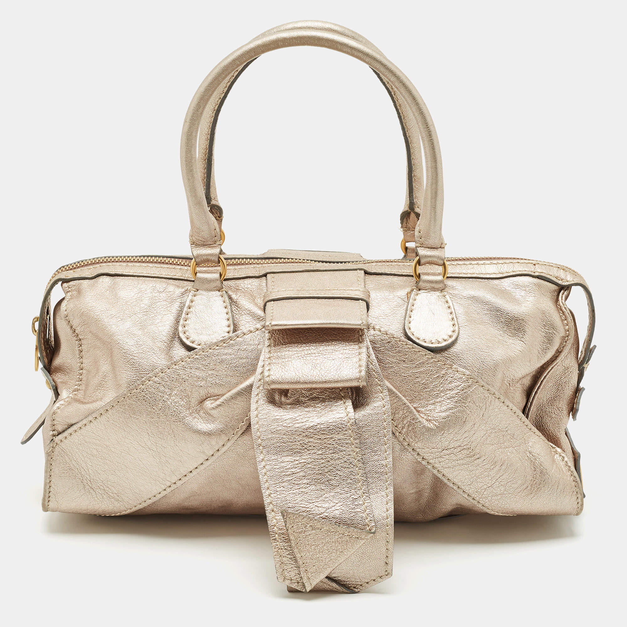Valentino Rose Gold Leather Bow Zip Satchel