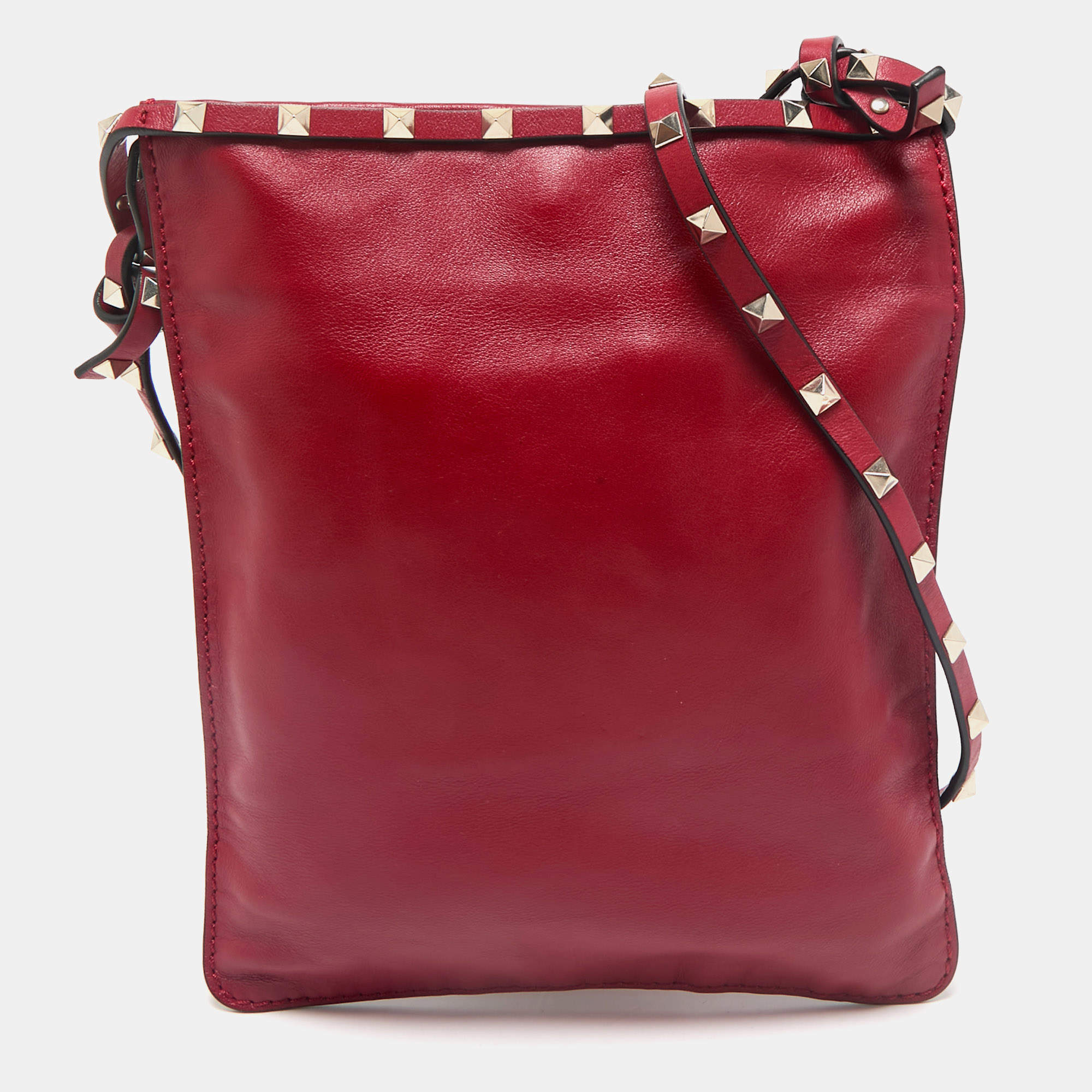 Valentino Red Leather Rockstud Flat Crossbody Bag