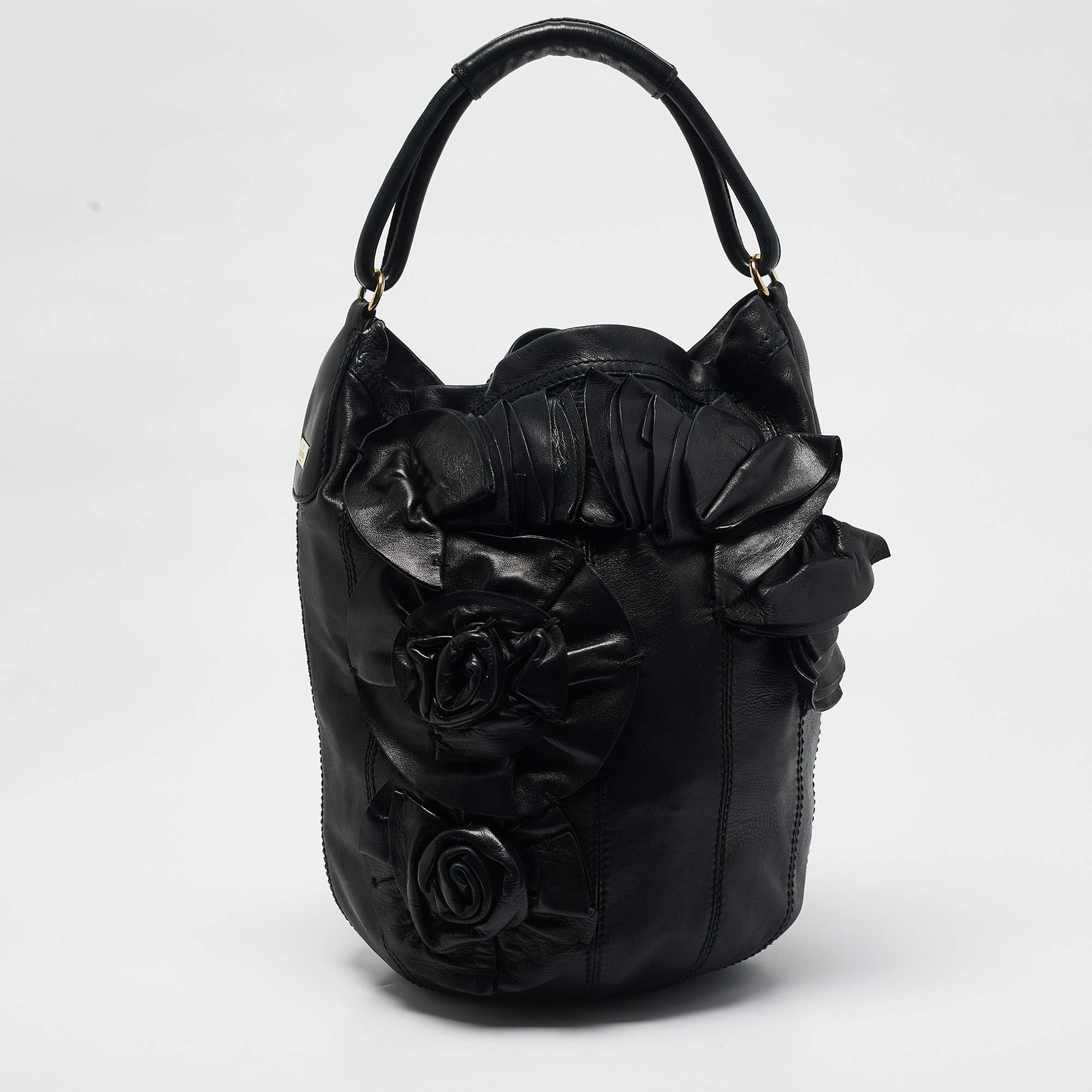 Valentino Black Leather Rosette Bucket Bag