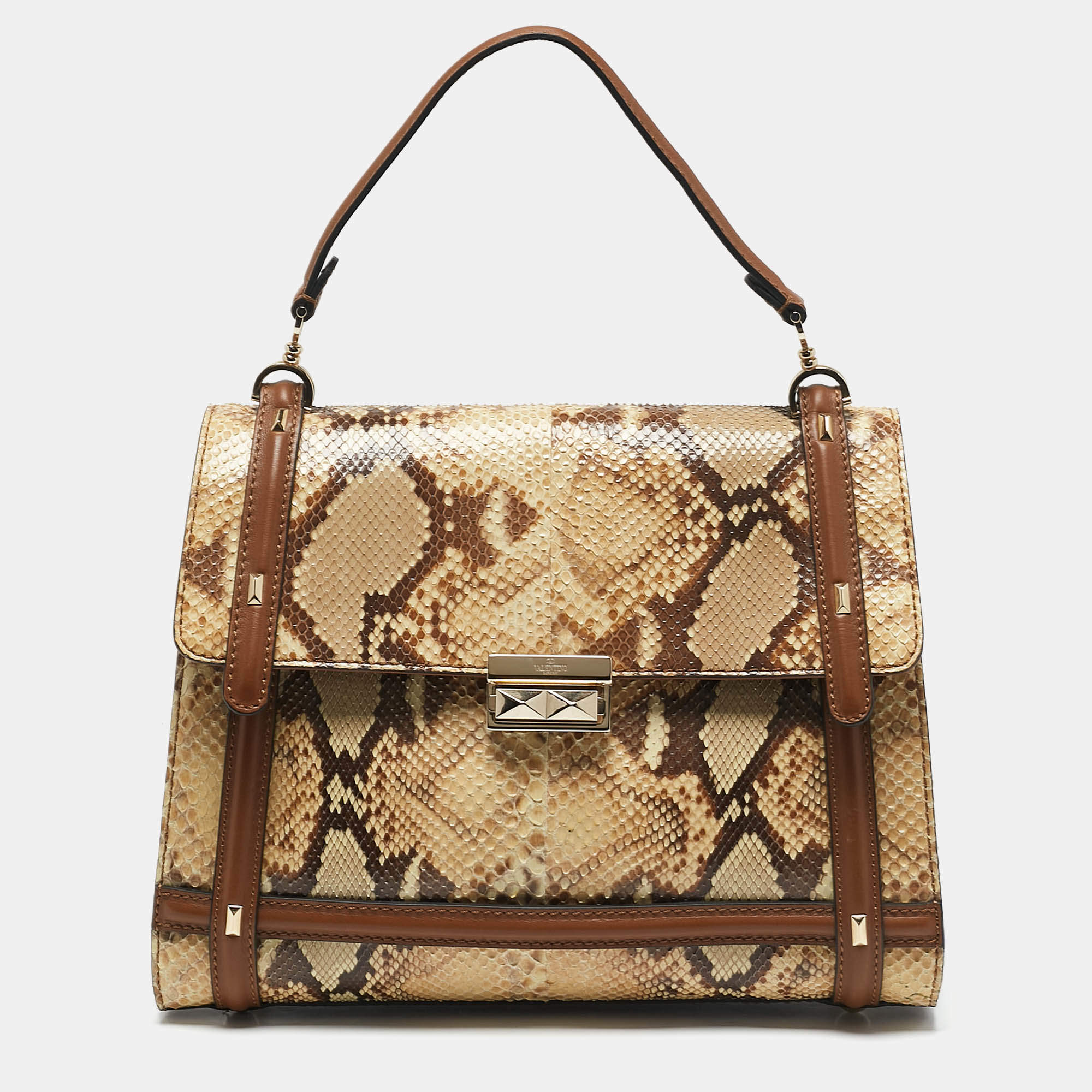 Valentino Cream/Brown Leather and Python Rockstud Flap Tote