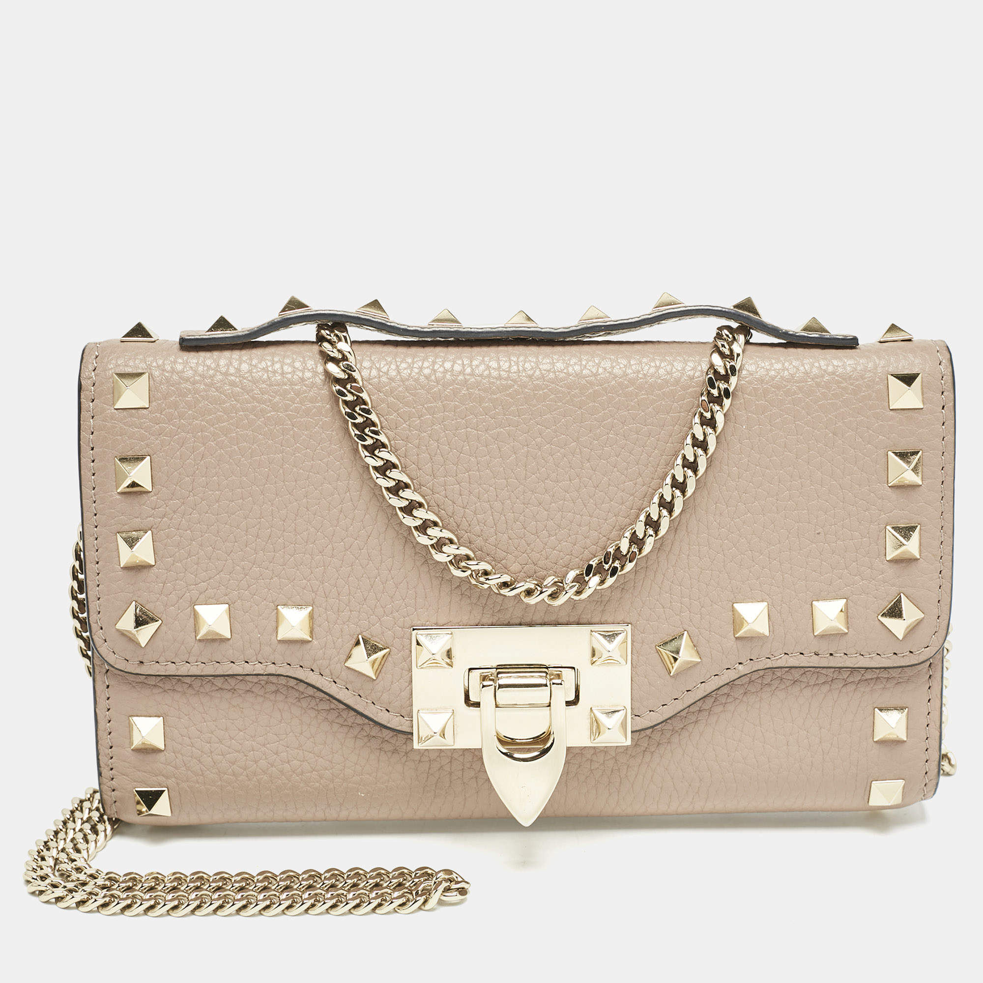 Valentino Beige Leather Rockstud Wallet on Chain