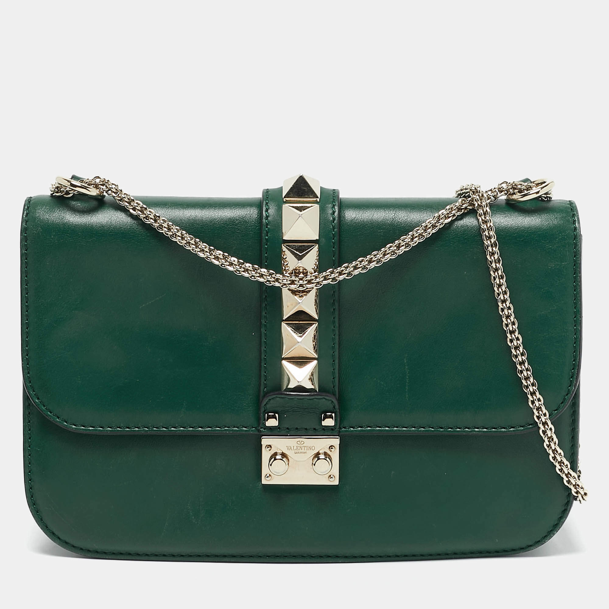 Valentino Green Leather Medium Rockstud Glam Lock Flap Bag