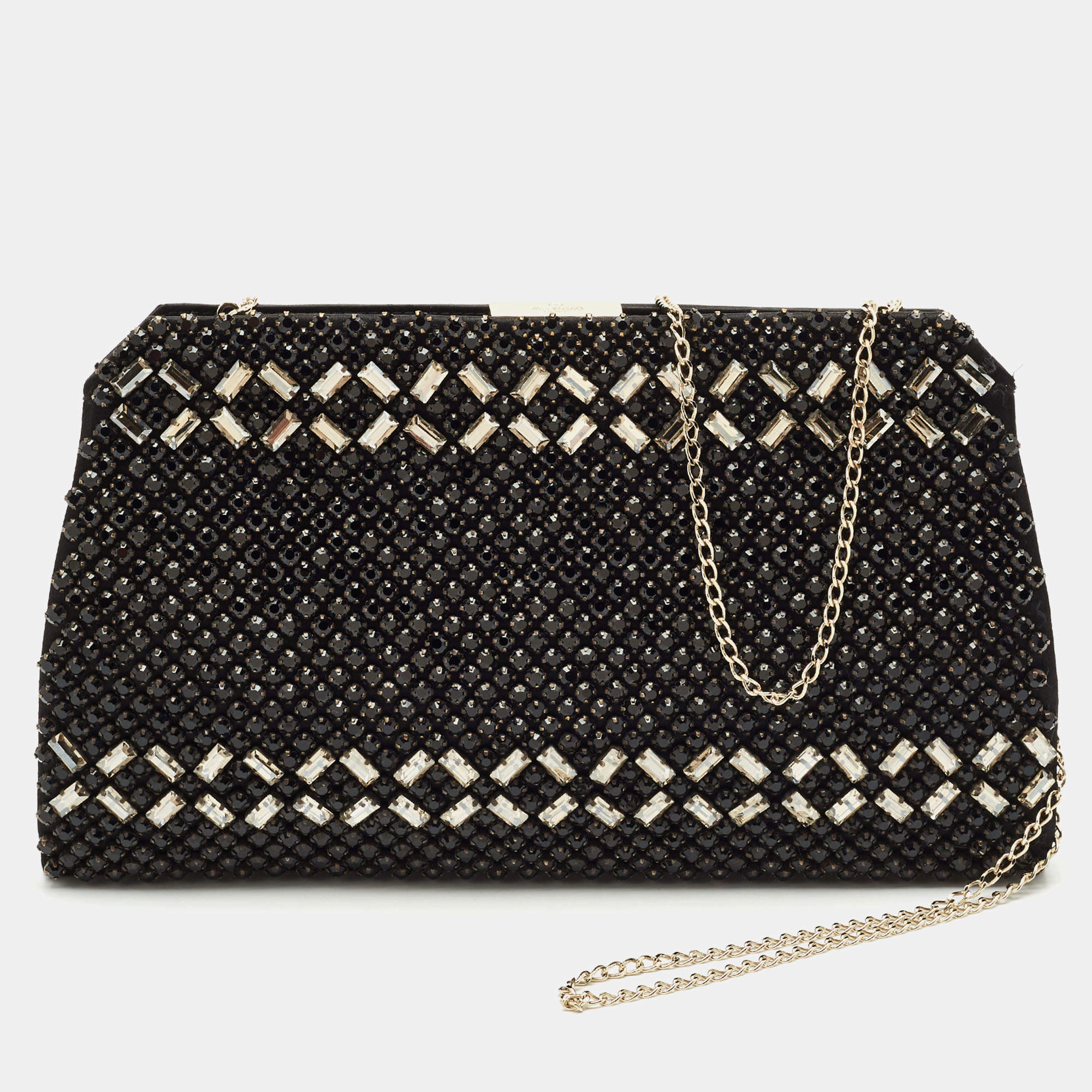 Valentino Black Satin Crystals Frame Chain Clutch
