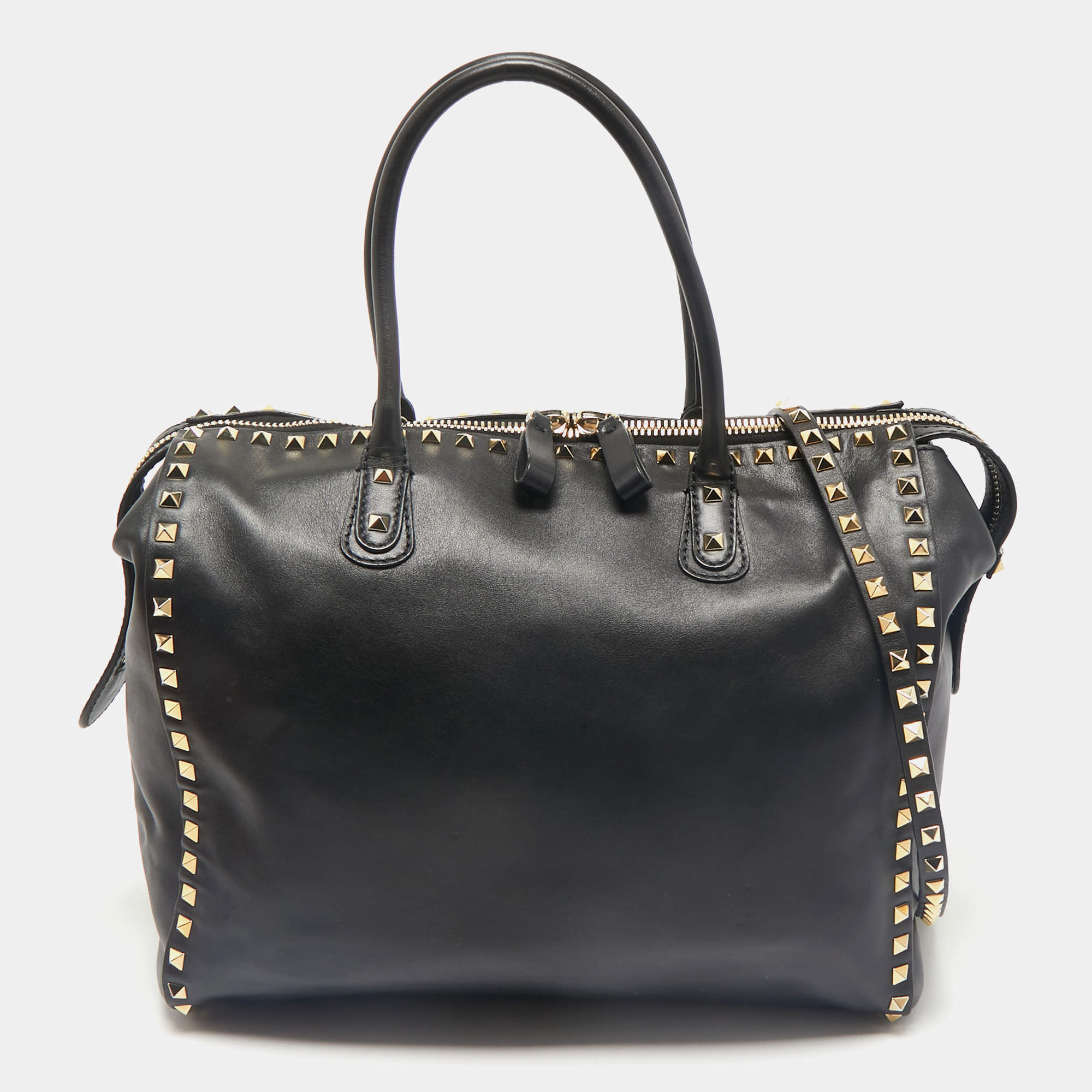 Valentino Black Leather Rockstud Zip Satchel