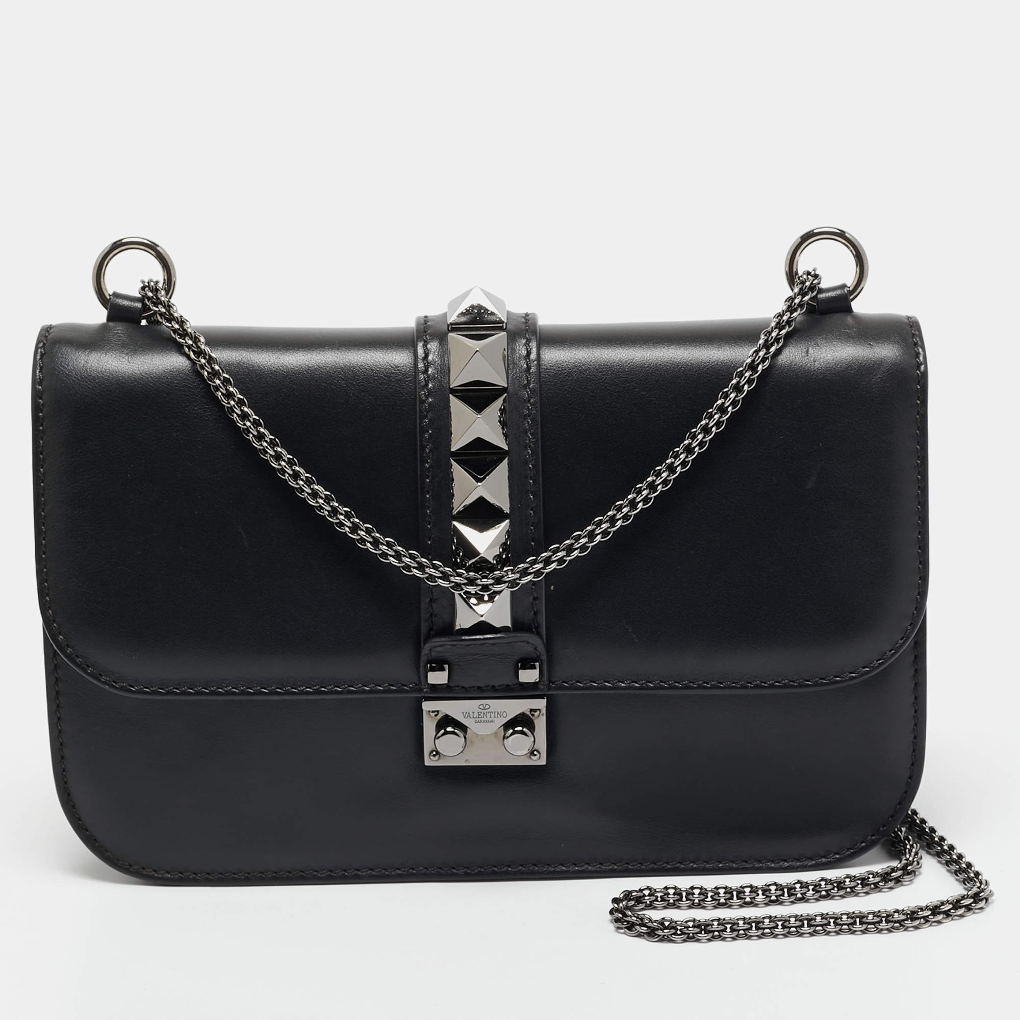 Valentino Black Leather Medium Noir Edition Glam Lock Shoulder Bag