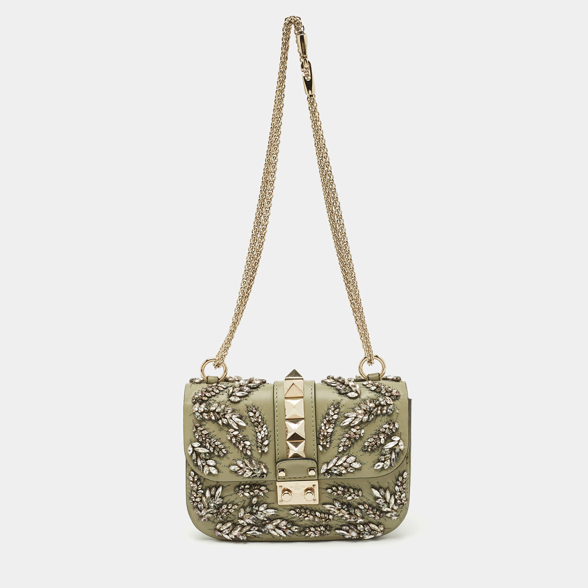 Valentino Olive Green Leather Small Rockstud Glam Lock Crystals Flap Bag