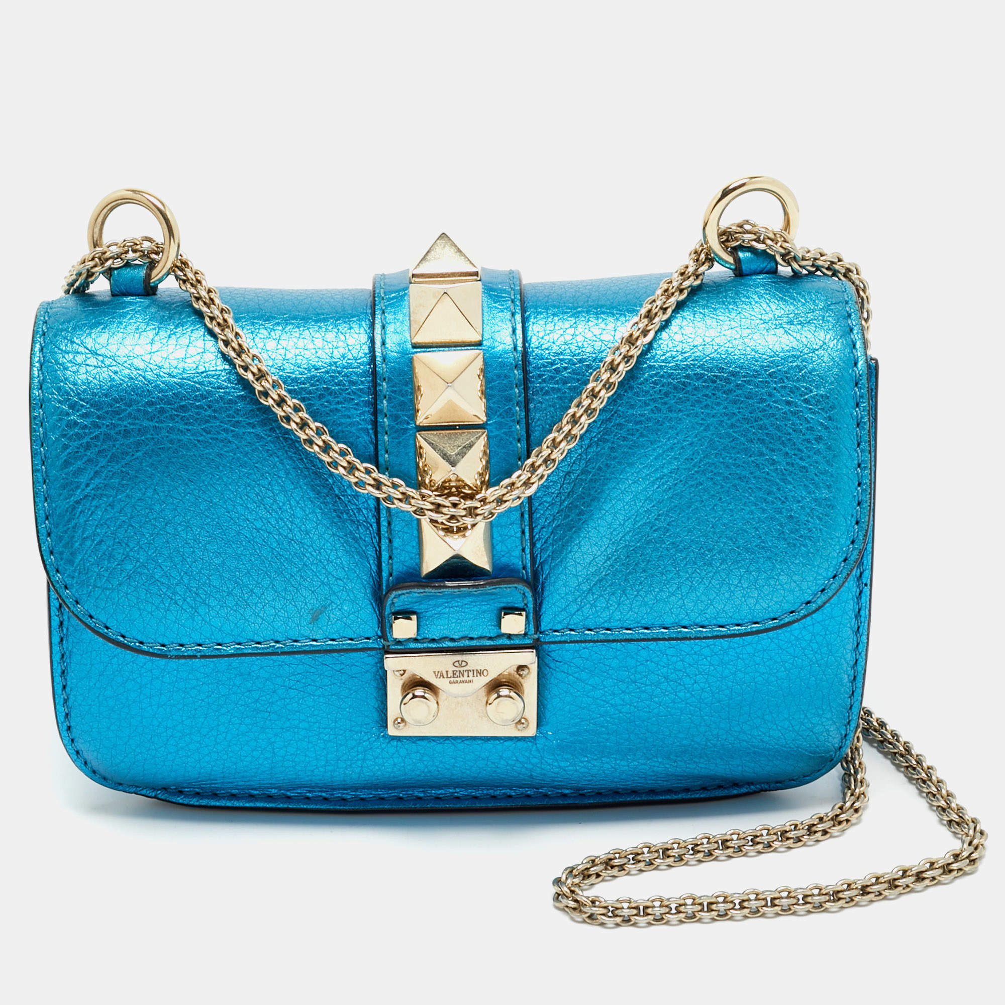 Pre Owned Valentino Metallic Blue Leather Small Rockstud Glam Lock Flap Bag