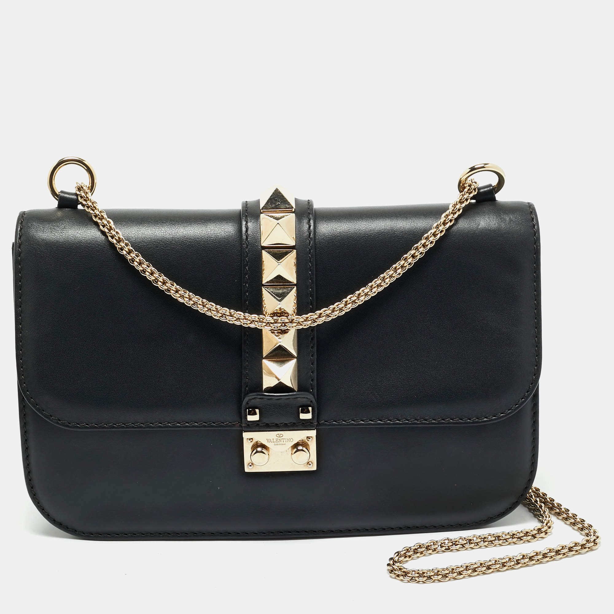 Pre Owned Valentino Black Leather Medium Rockstud Glam Lock Shoulder Bag