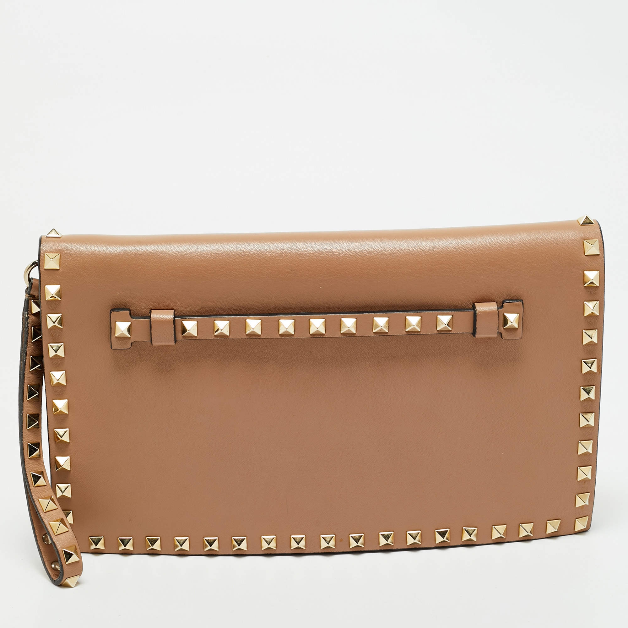 Valentino Beige Leather Rockstud Flap Wristlet Clutch