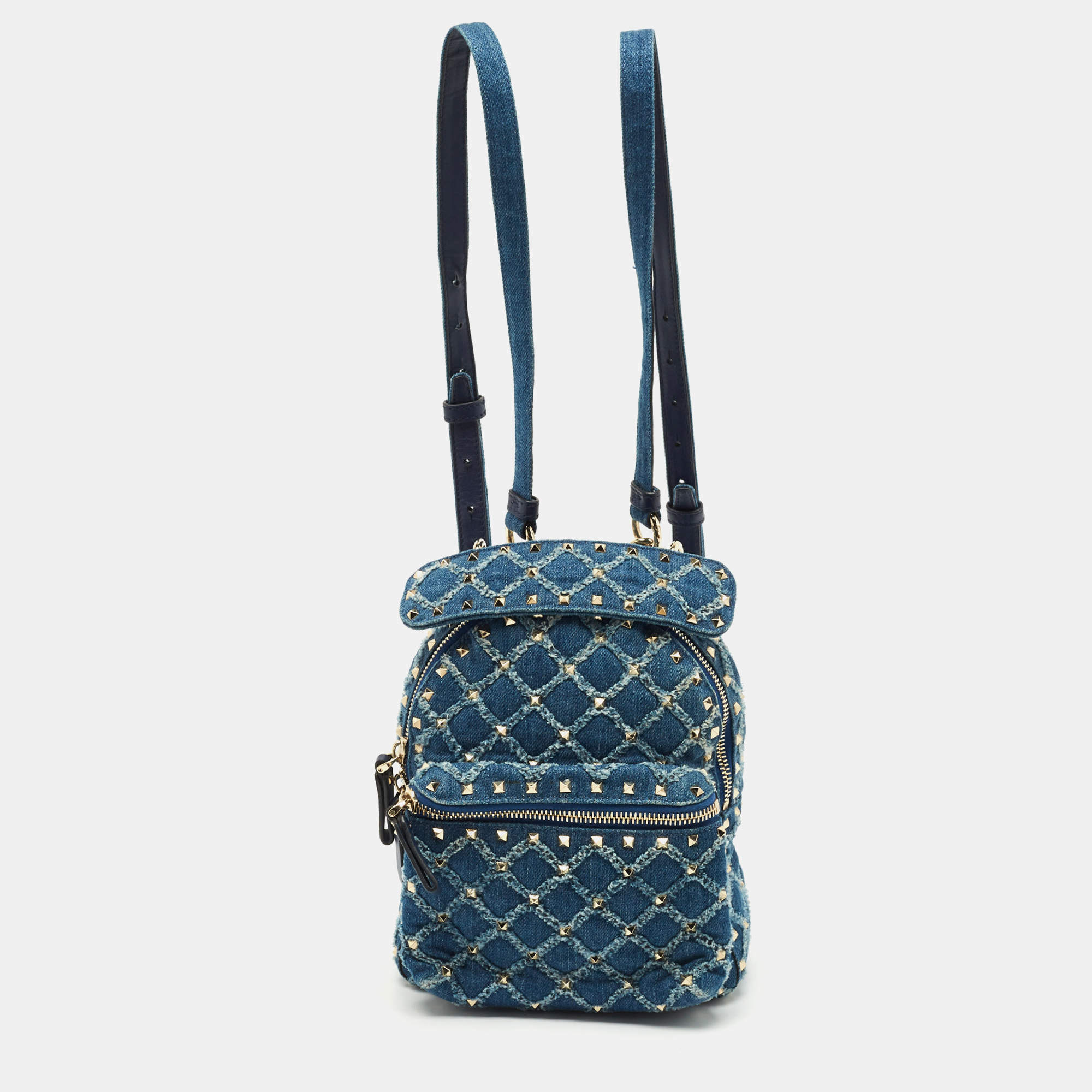 Pre Owned Valentino Navy Blue Quilted Denim Rockstud Backpack