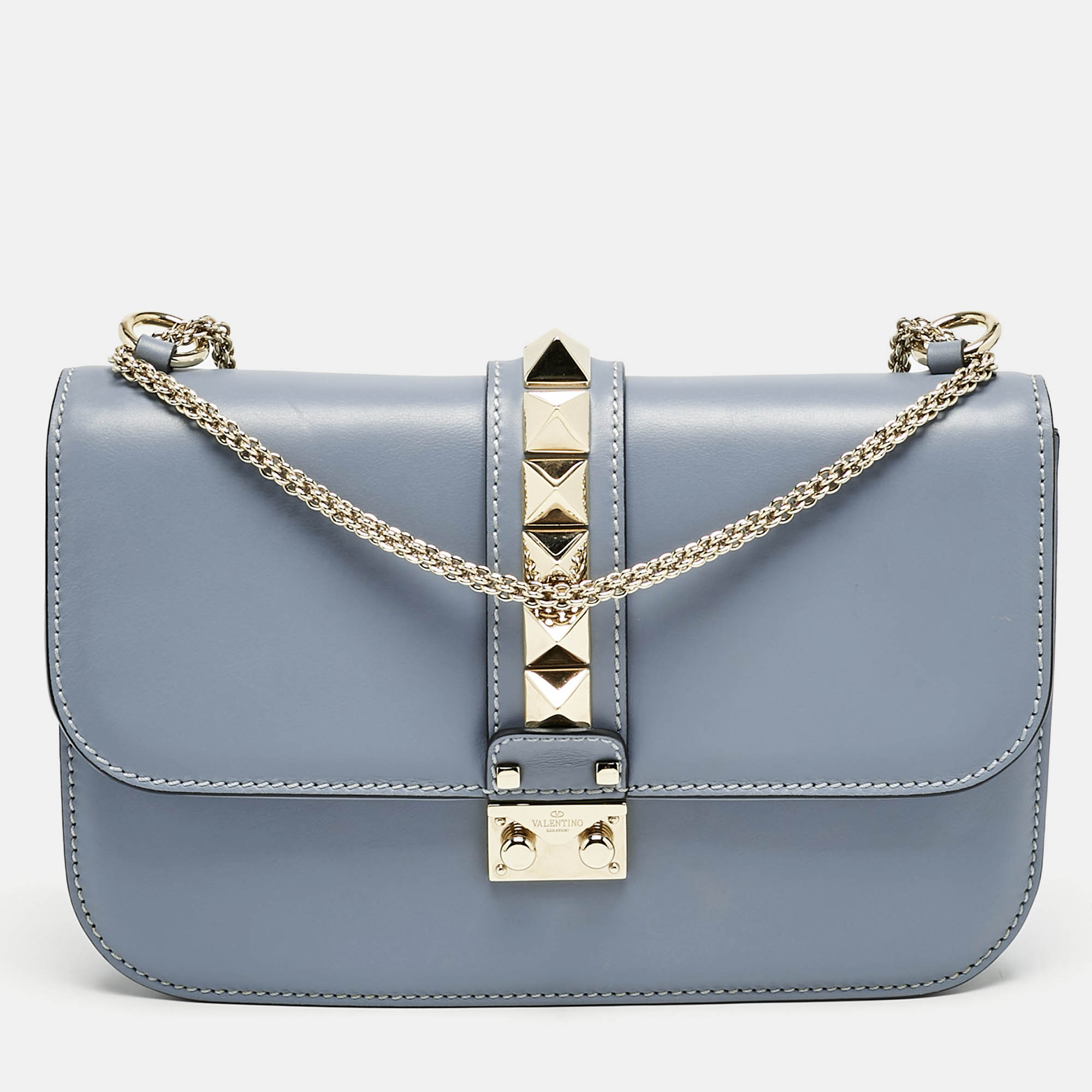 Pre Owned Valentino Light Blue Leather Medium Glam Lock Chain Shoulder Bag