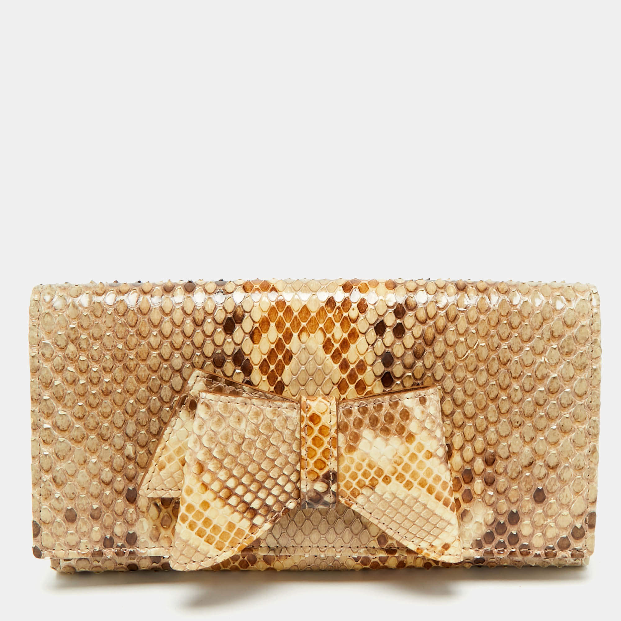 Valentino Beige Python Bow Flap Continental Wallet