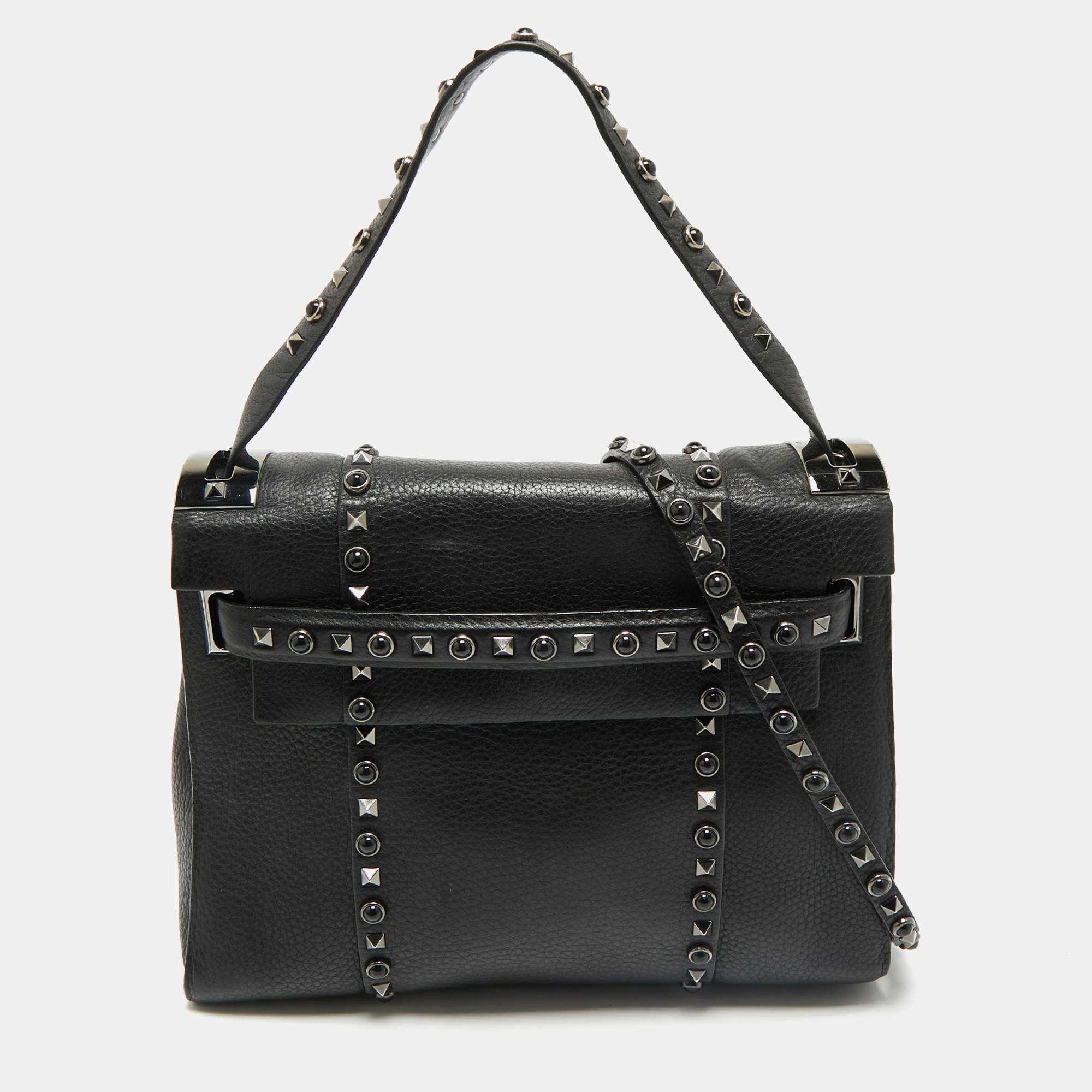 Valentino Black Leather Medium My Rockstud Rolling Top Handle Bag