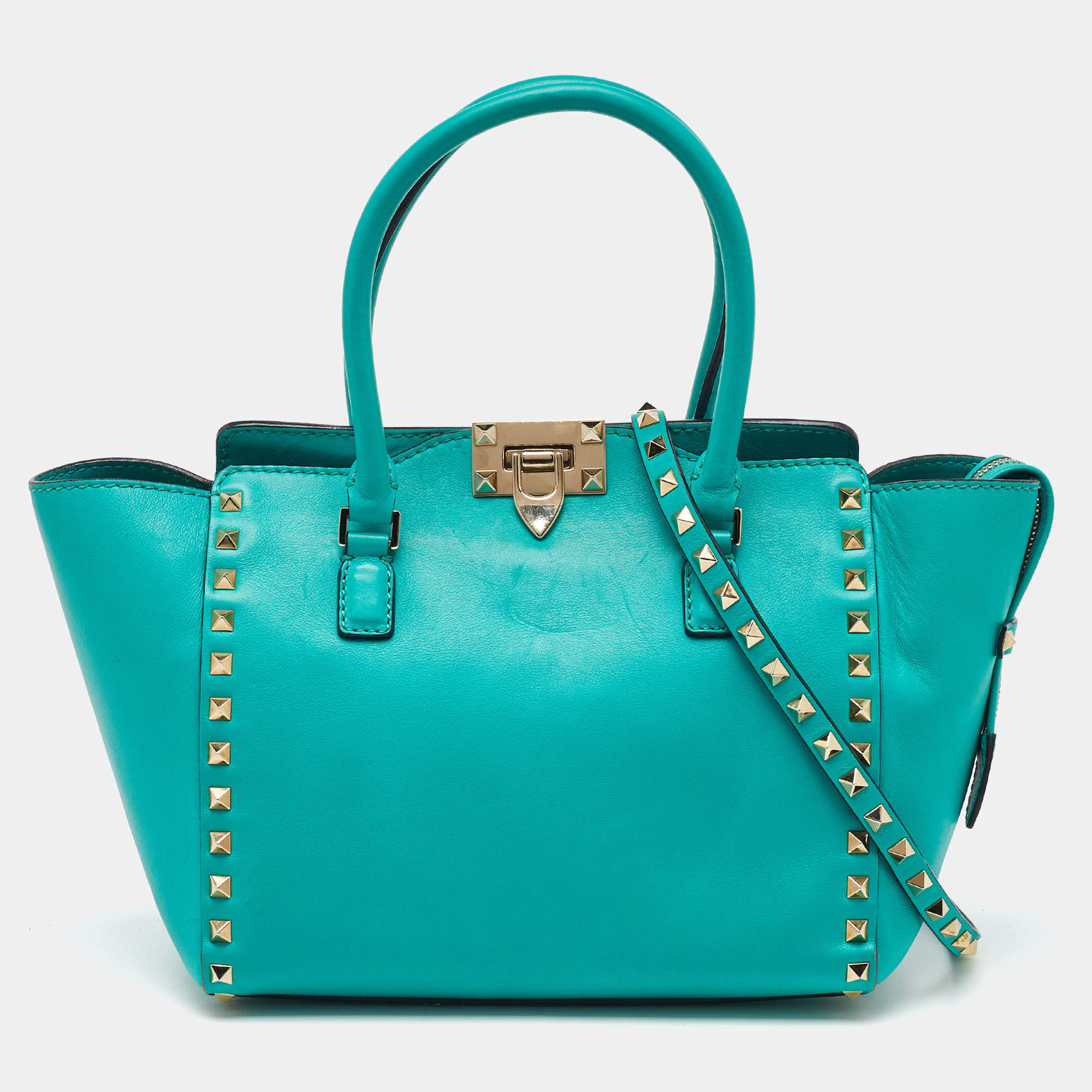 Pre Owned Valentino Turquoise Blue Leather Medium Rockstud Trapeze Tote