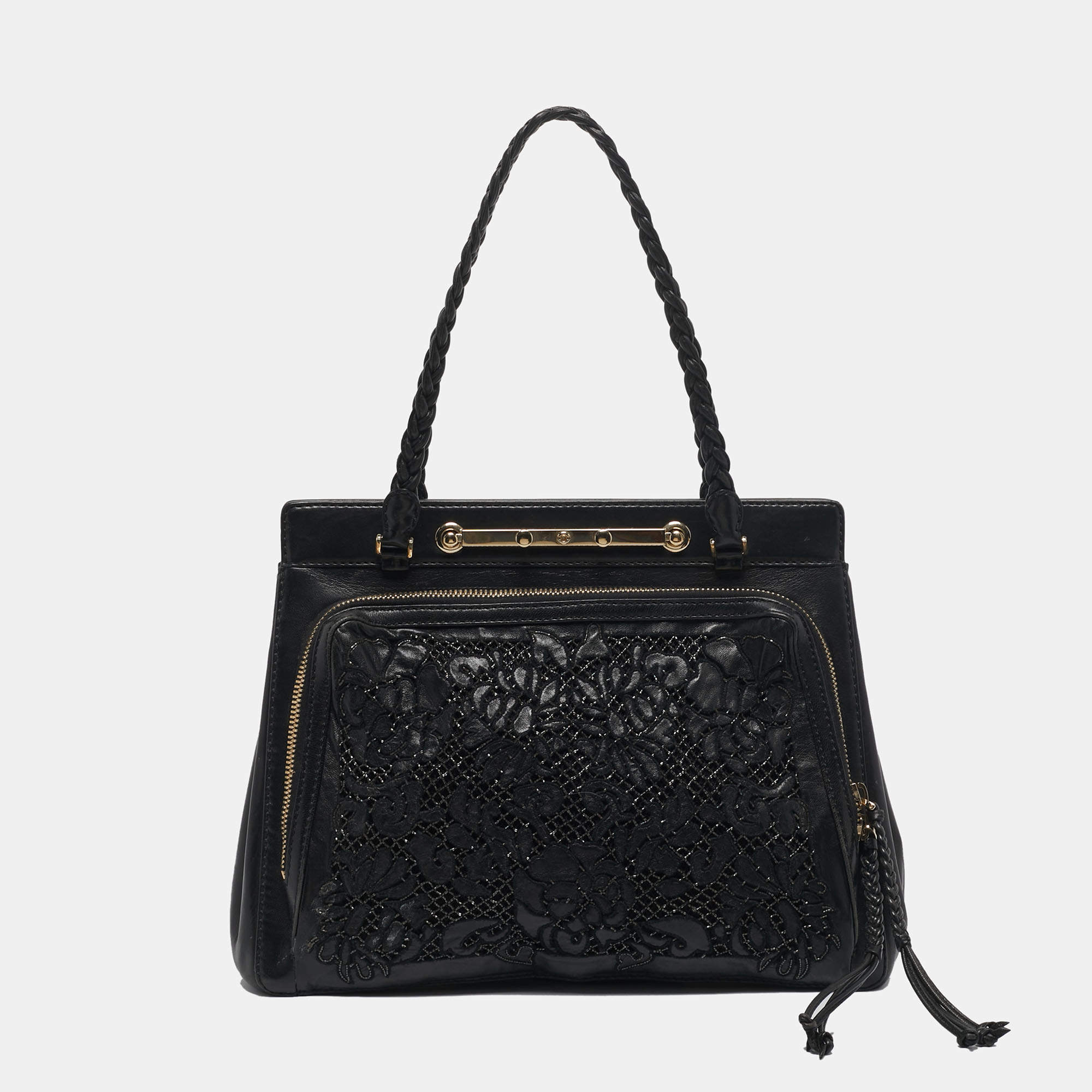 Pre Owned Valentino Black Leather and Beaded Lace Demetra Tote