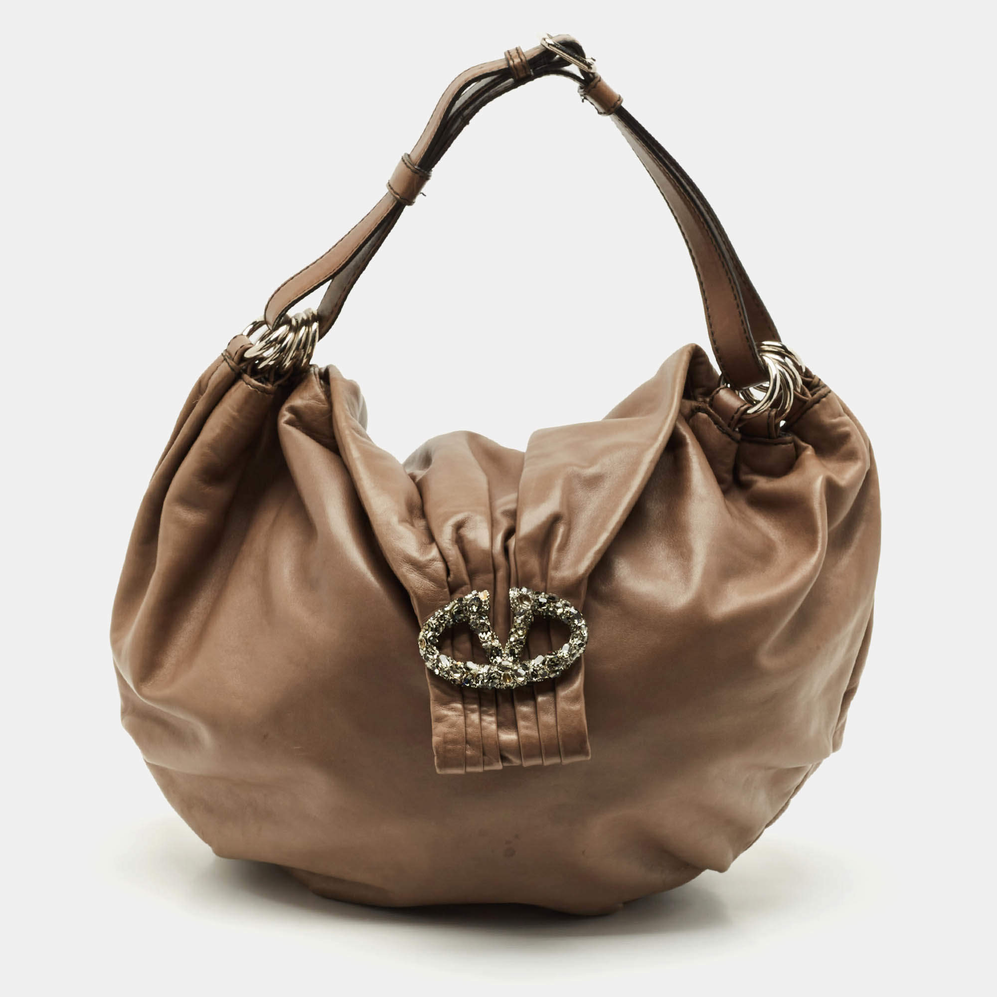 Pre Owned Valentino Beige Leather Crystal Embellished Catch Hobo