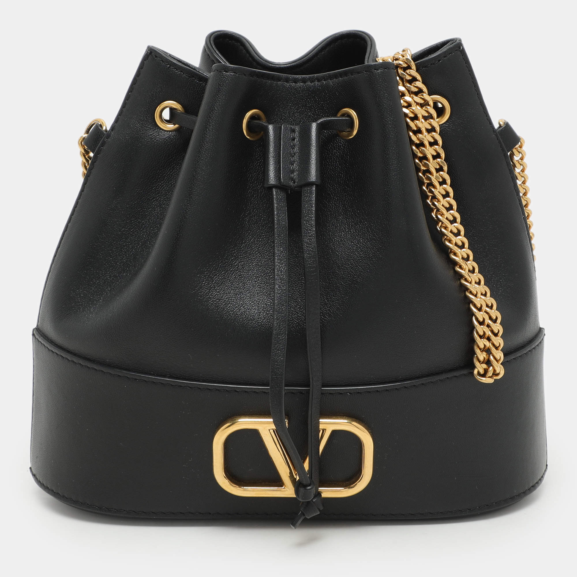Pre Owned Valentino Black Leather VLogo Signature Mini Bucket Bag