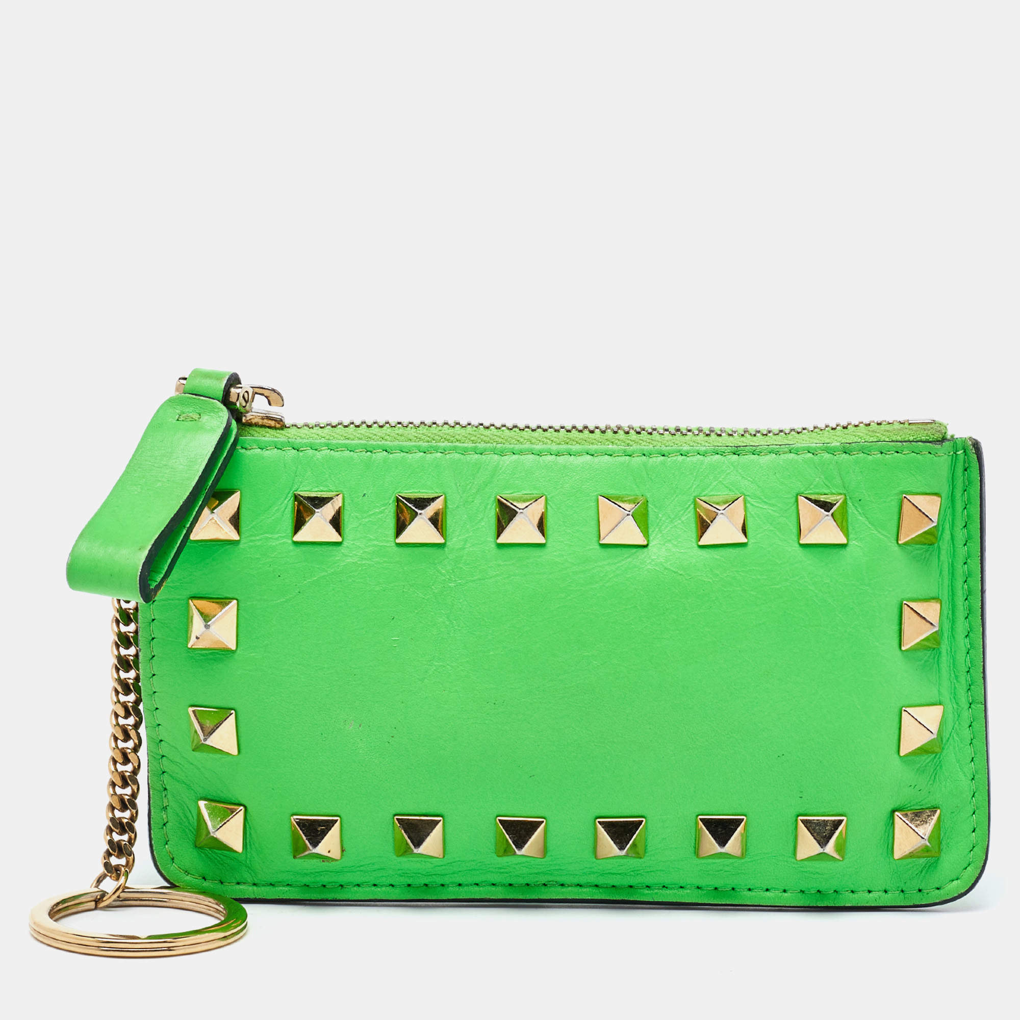 Pre Owned Valentino Neon Green Leather Rockstud Keychain Card Holder
