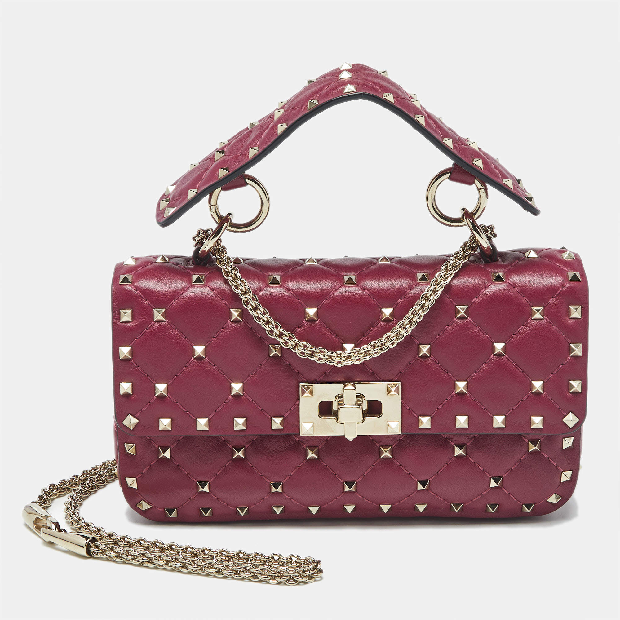 Pre Owned حقيبة كتف فالنتينو سلسلة سبايك روكستد صغير جلد لامعة مبطنة خضراء