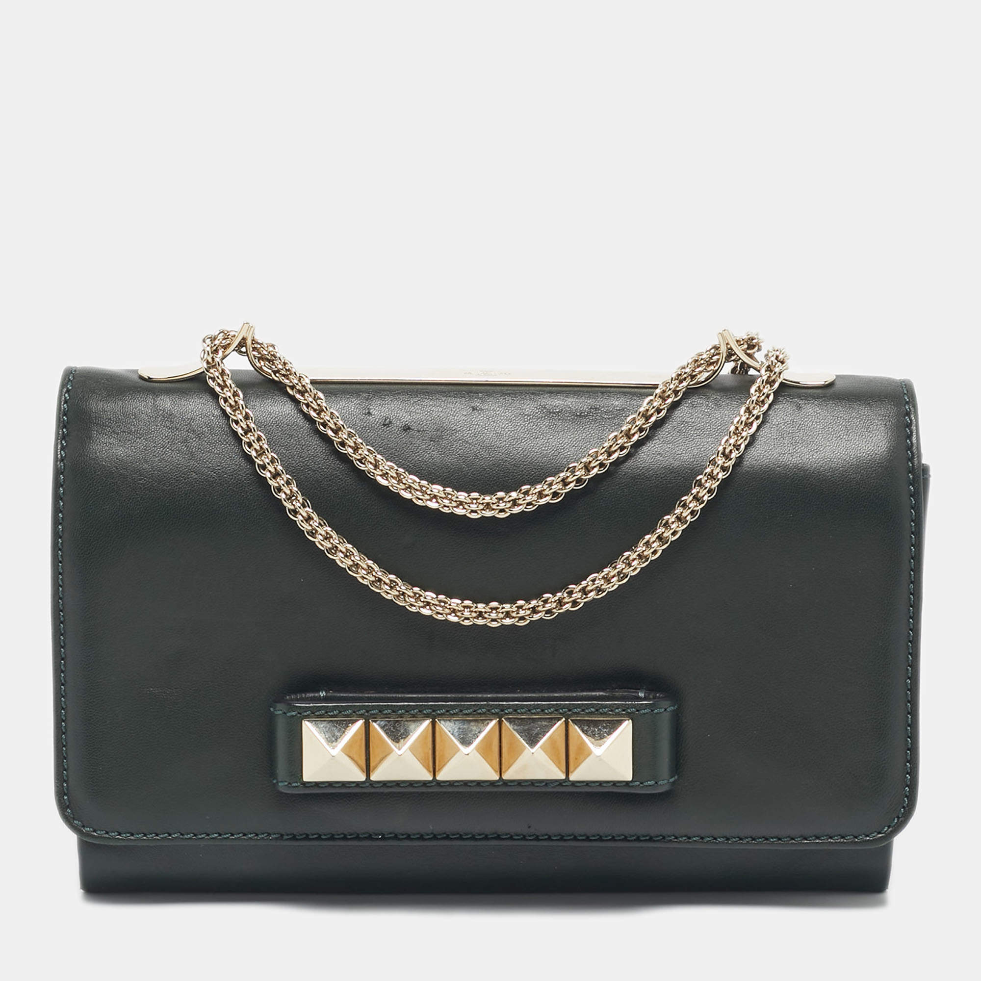 Pre Owned Valentino Green Leather Rockstud Va Va Voom Chain Shoulder Bag