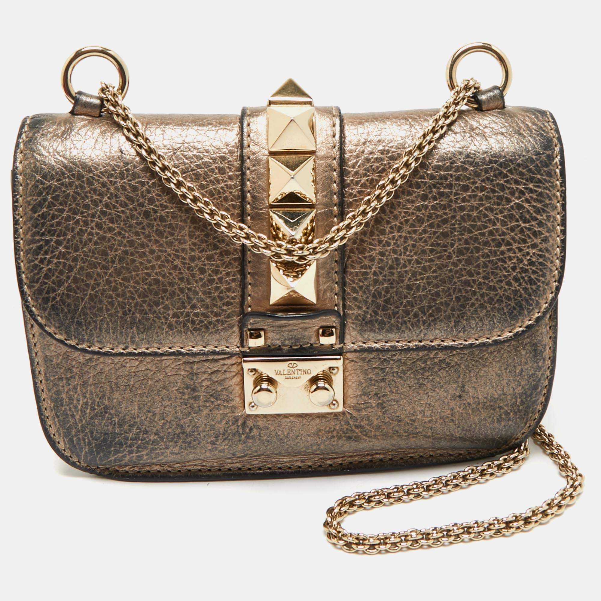 Pre Owned Valentino Gold Leather Small Rockstud Glam Lock Flap Bag