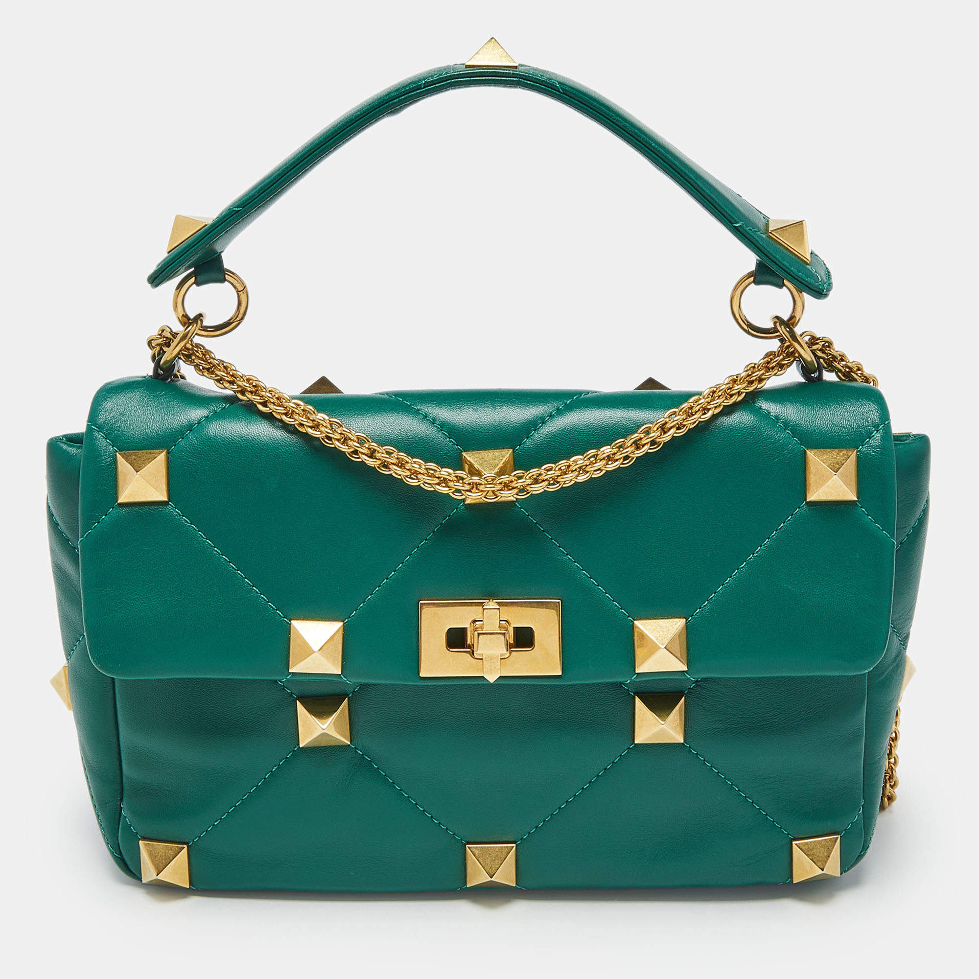 Pre Owned Valentino Green Leather Large Roman Stud Flap Shoulder Bag