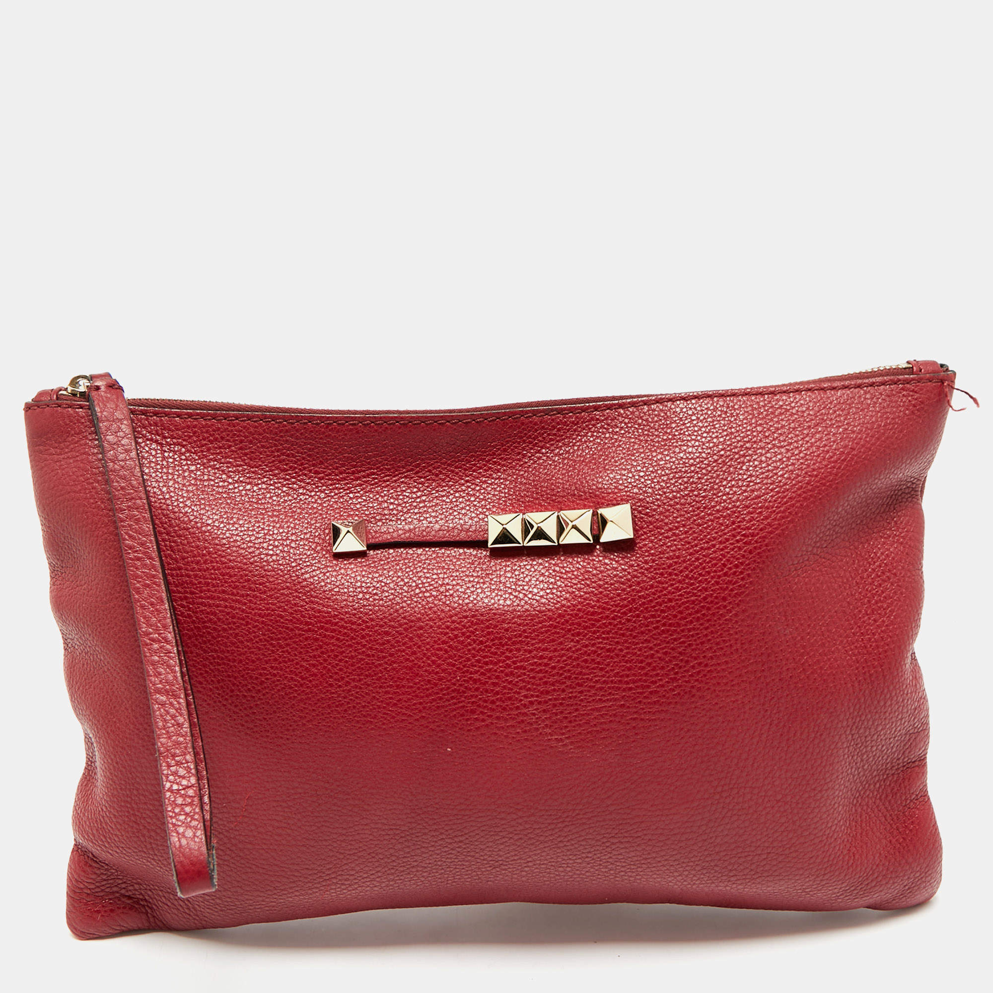Pre Owned Valentino Red Leather Zip Wristlet Clutch