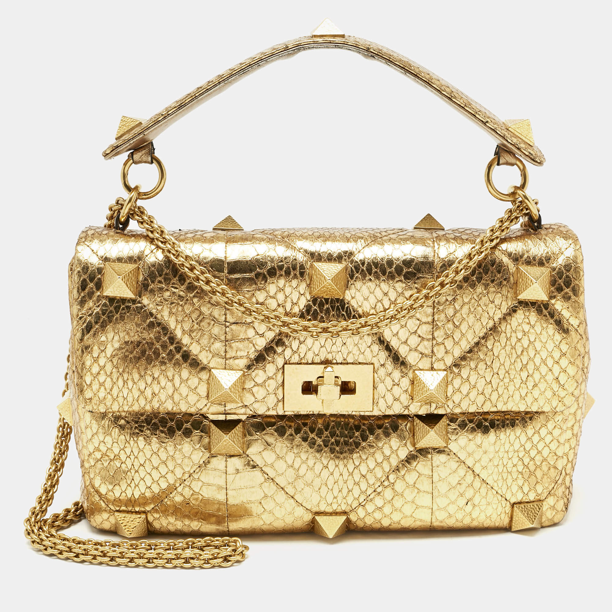 Pre Owned Valentino Gold Watersnake Leather Roman Stud Top Handle Bag