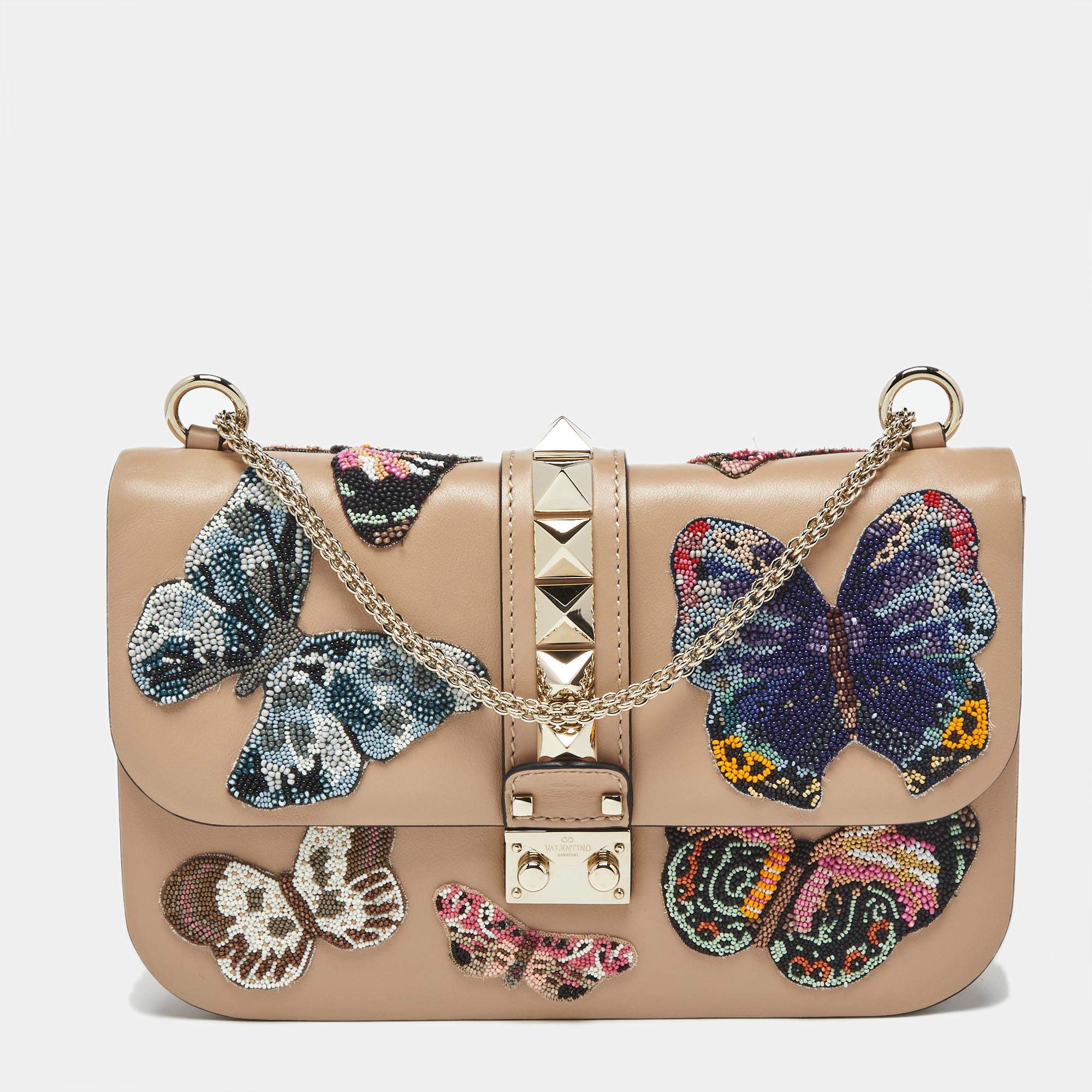 Pre Owned Valentino Beige Leather Large Beaded Butterfly Glam Lock Flap Bag
