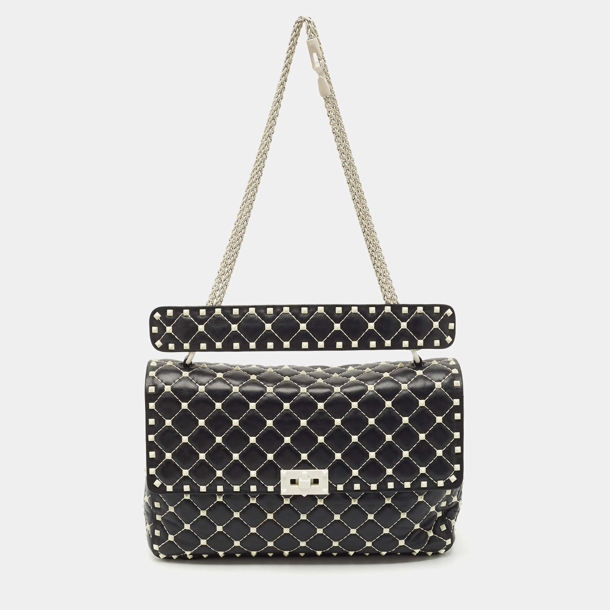 Pre Owned Valentino Black/White Leather Large Rockstud Spike Top Handle Bag