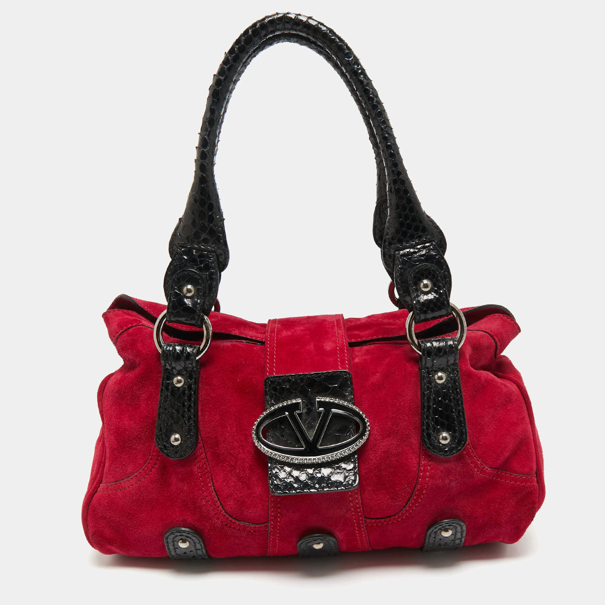 Pre Owned Valentino Red/Black Suede and Snakeskin VRing Crystals Shoulder Bag