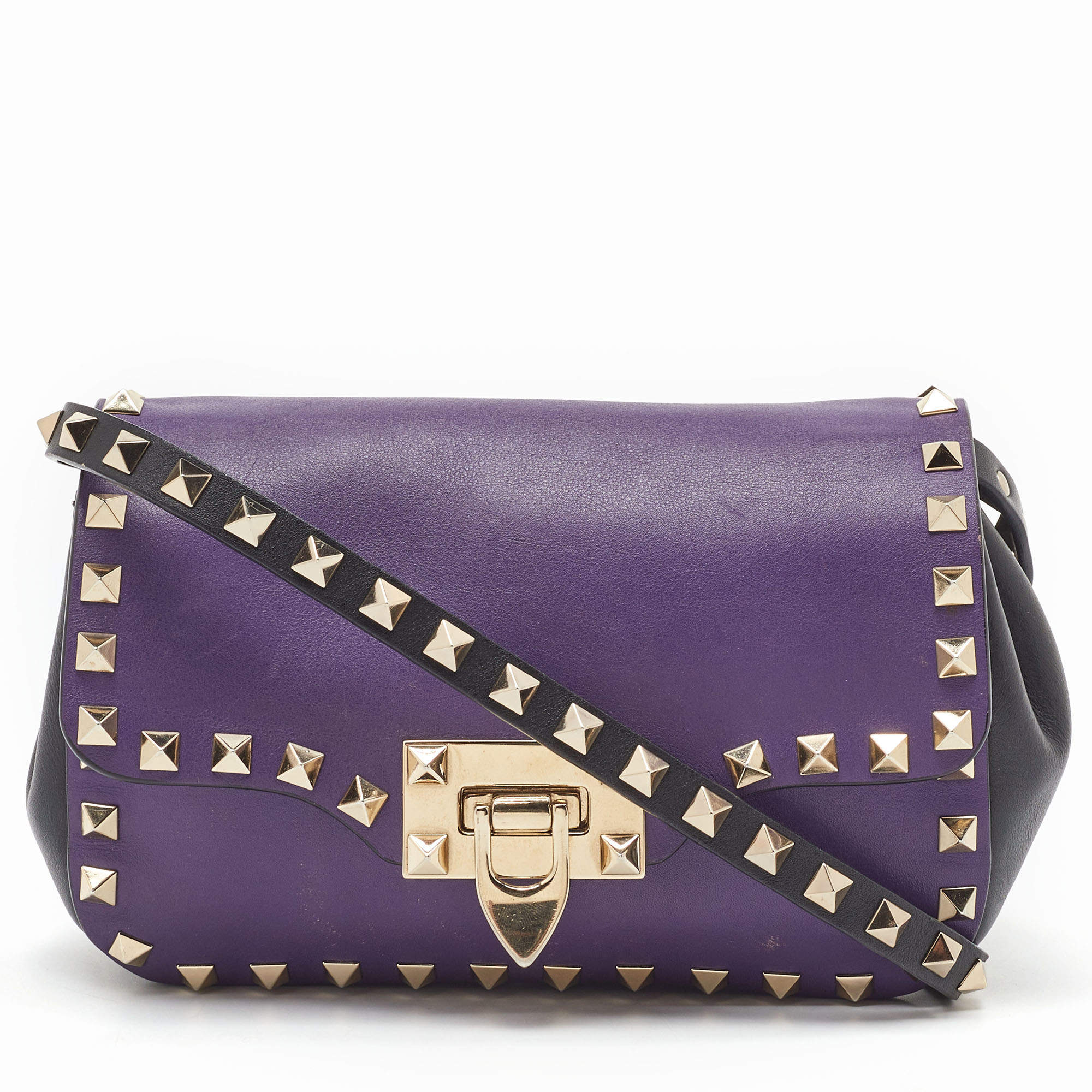 Pre Owned Valentino Dark Purple/Black Leather Rockstud Flap Shoulder Bag
