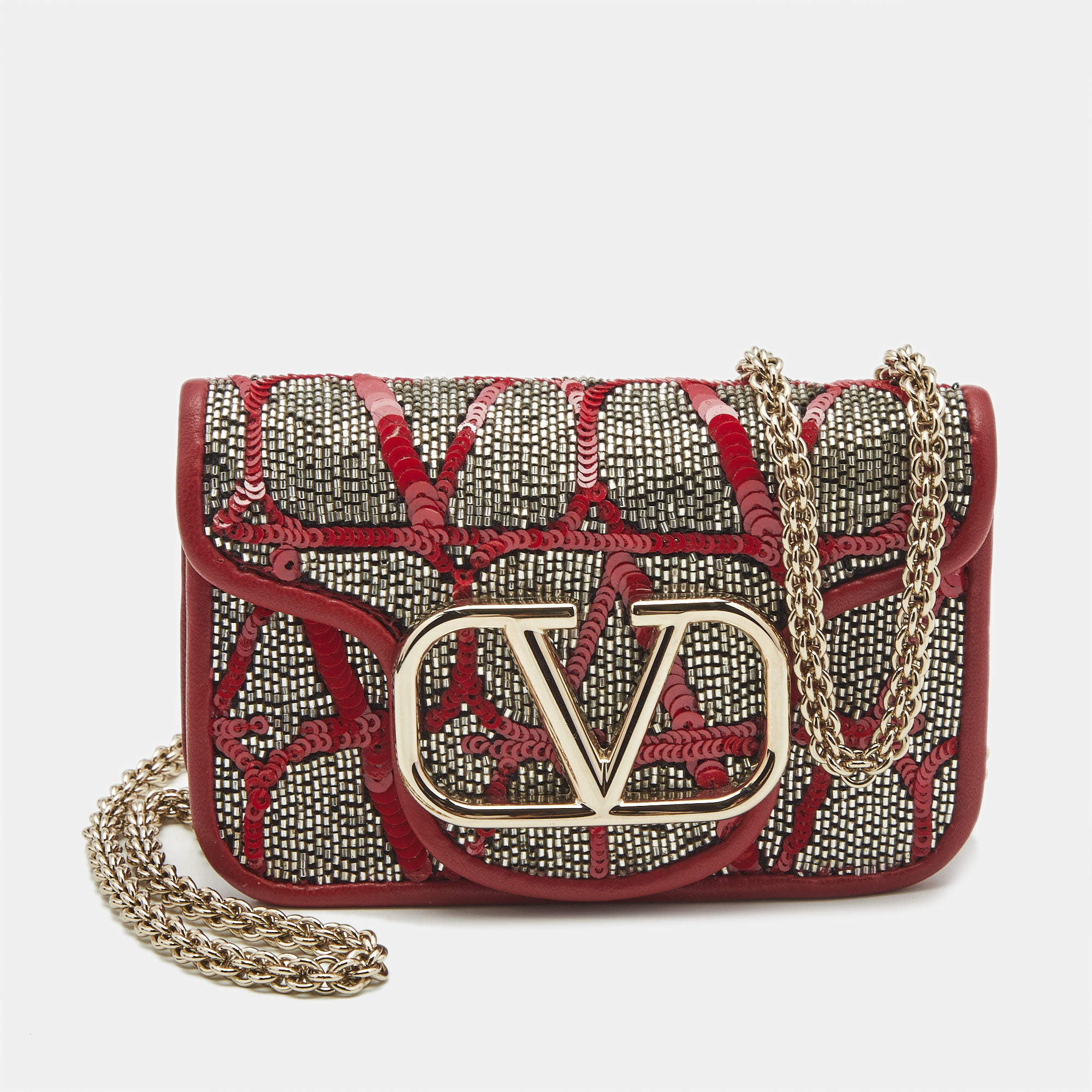 Pre Owned Valentino Red Beads and Sequins Micro Loco Chain Bag