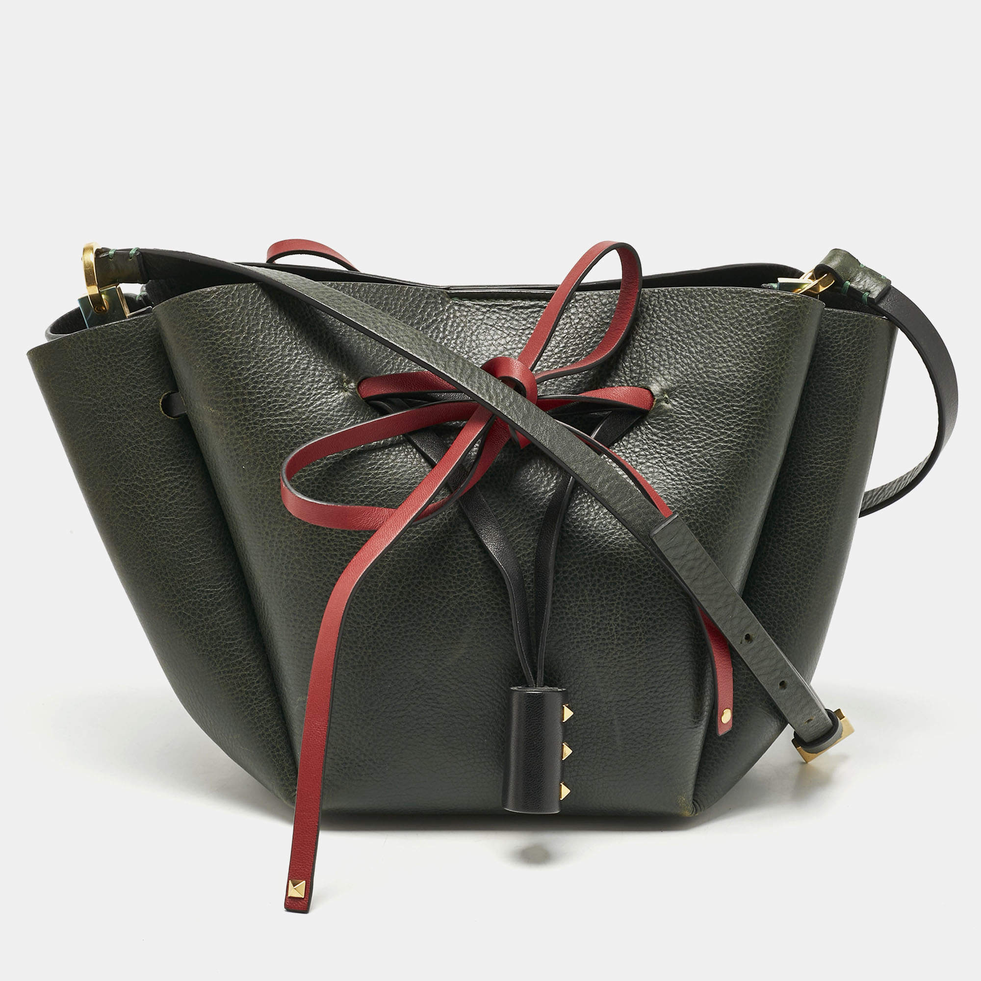 Pre Owned Valentino Dark Green/Red Leather Medium VLogo Bucket Bag