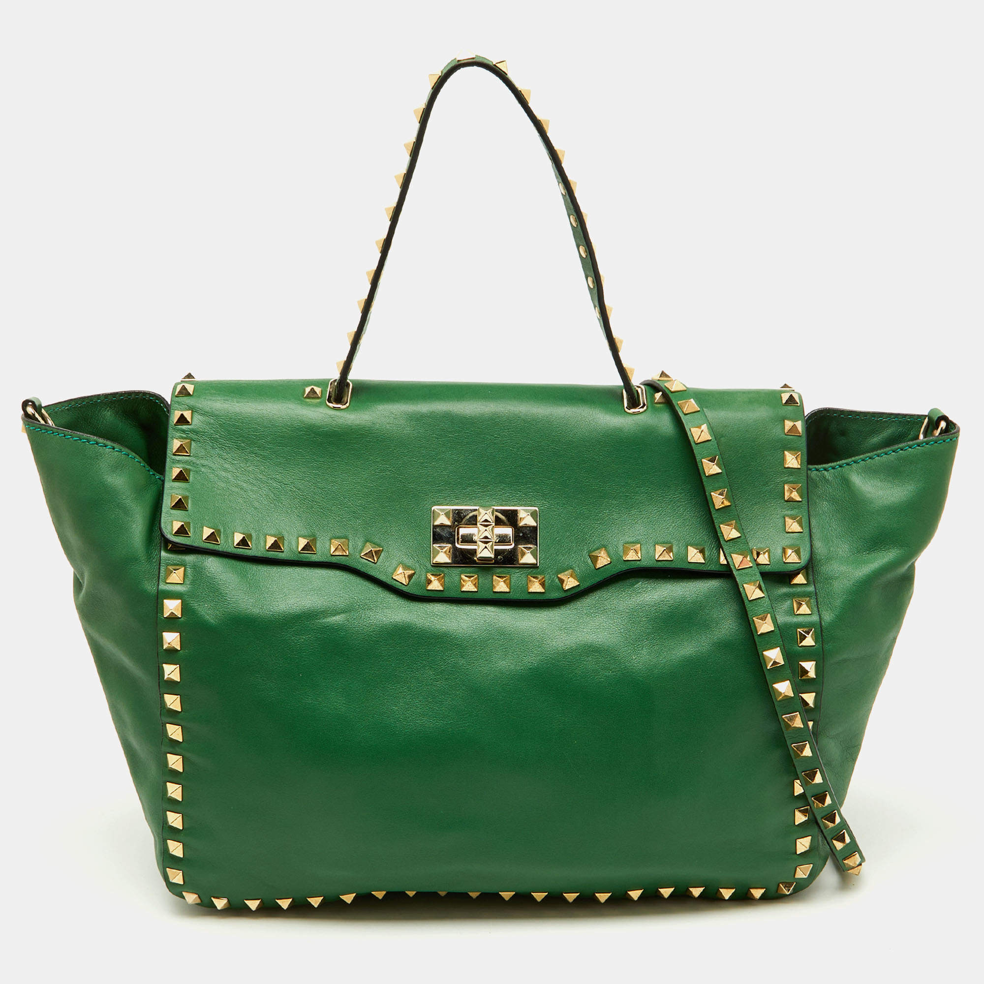 Pre Owned Valentino Green Soft Leather Rockstud Flap Top Handle Bag