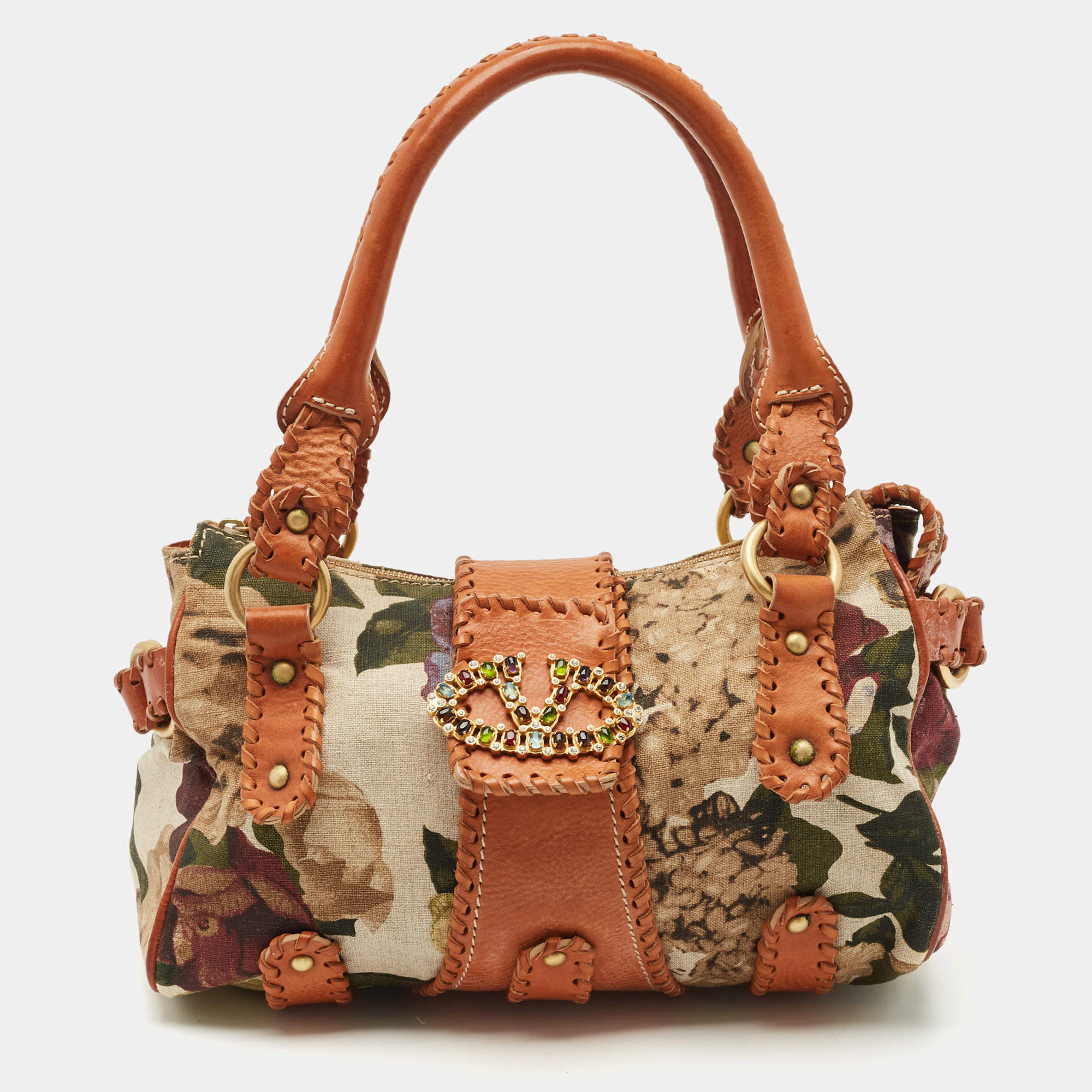 Pre Owned Valentino Multicolor Printed Canvas and Whipstitch Leather VLogo Crystals Satchel