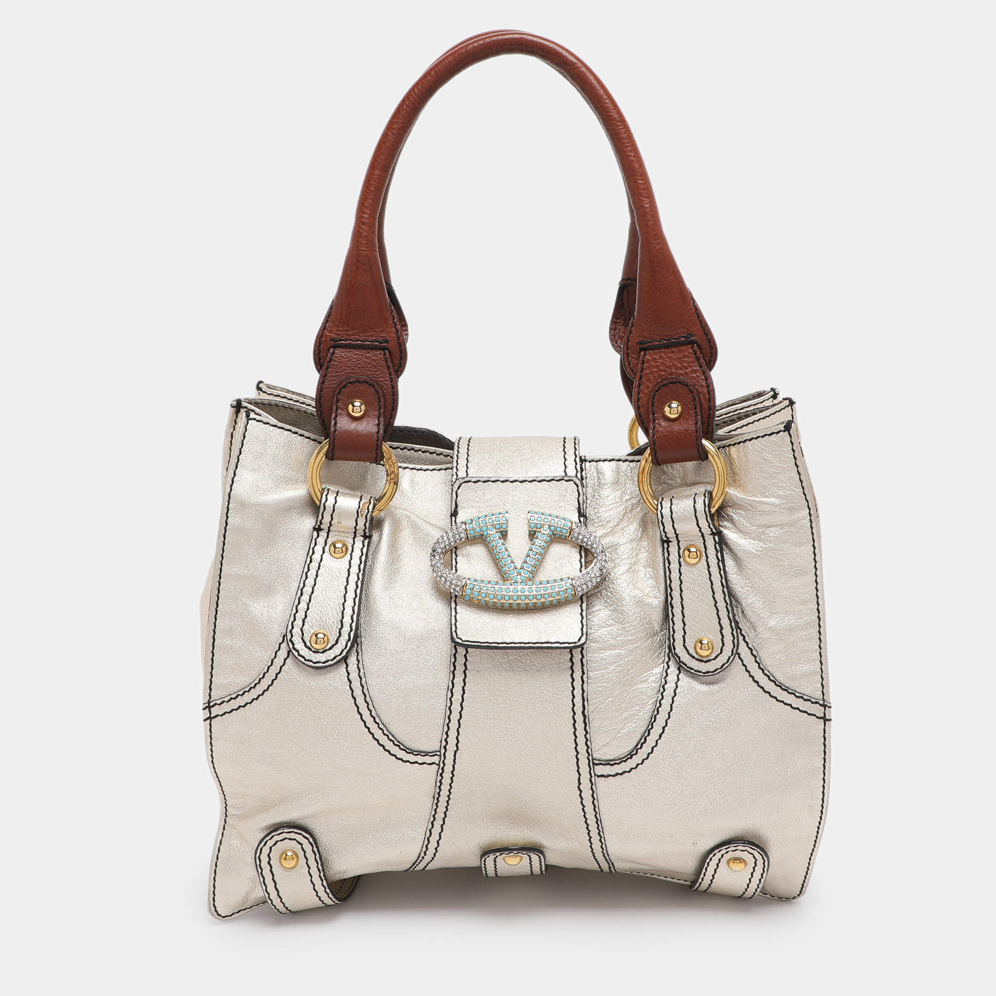 Pre Owned Valentino Gold Leather Crystal Catch Tote