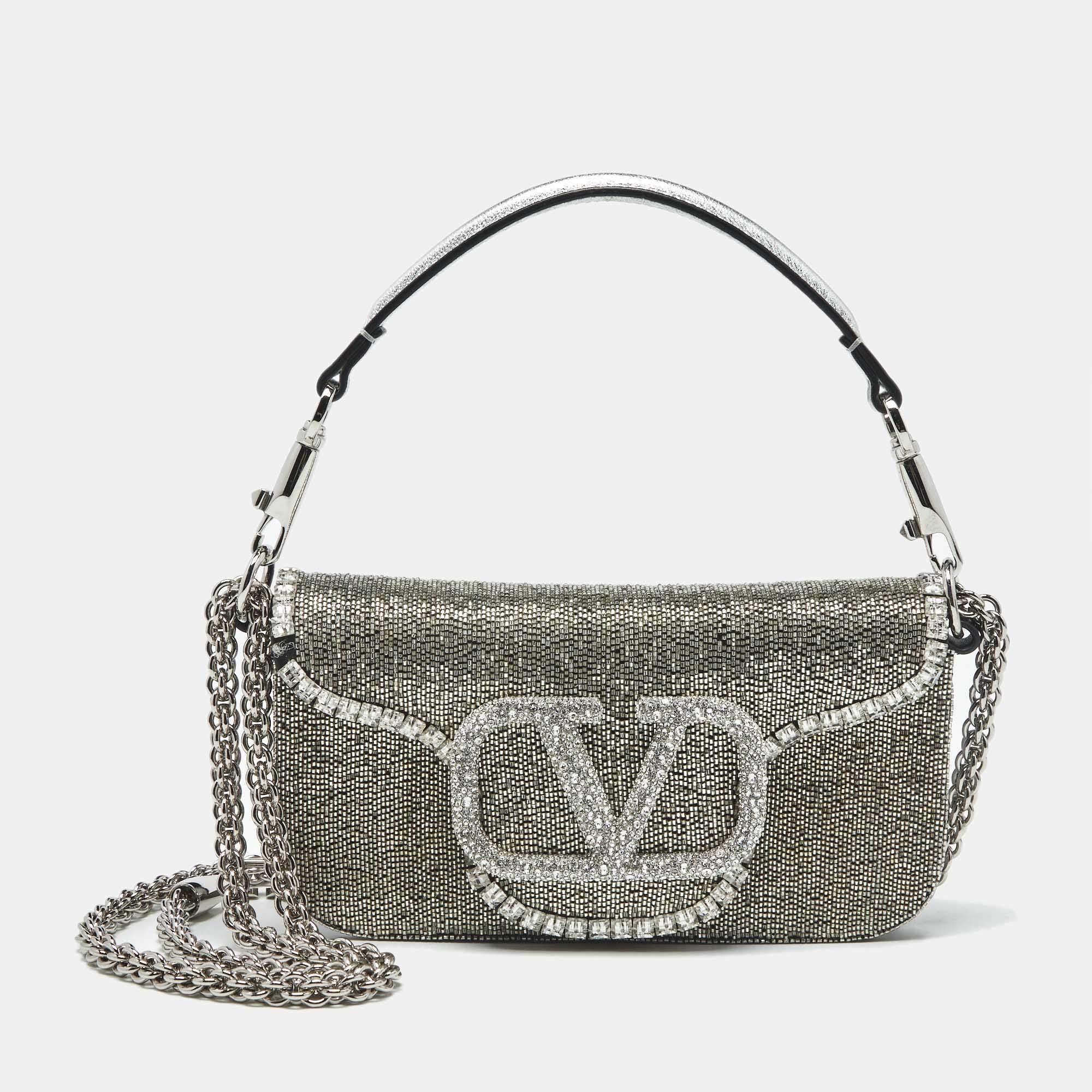 Pre Owned Valentino Silver Beaded and Crystal Small Loco Shoulder Bag