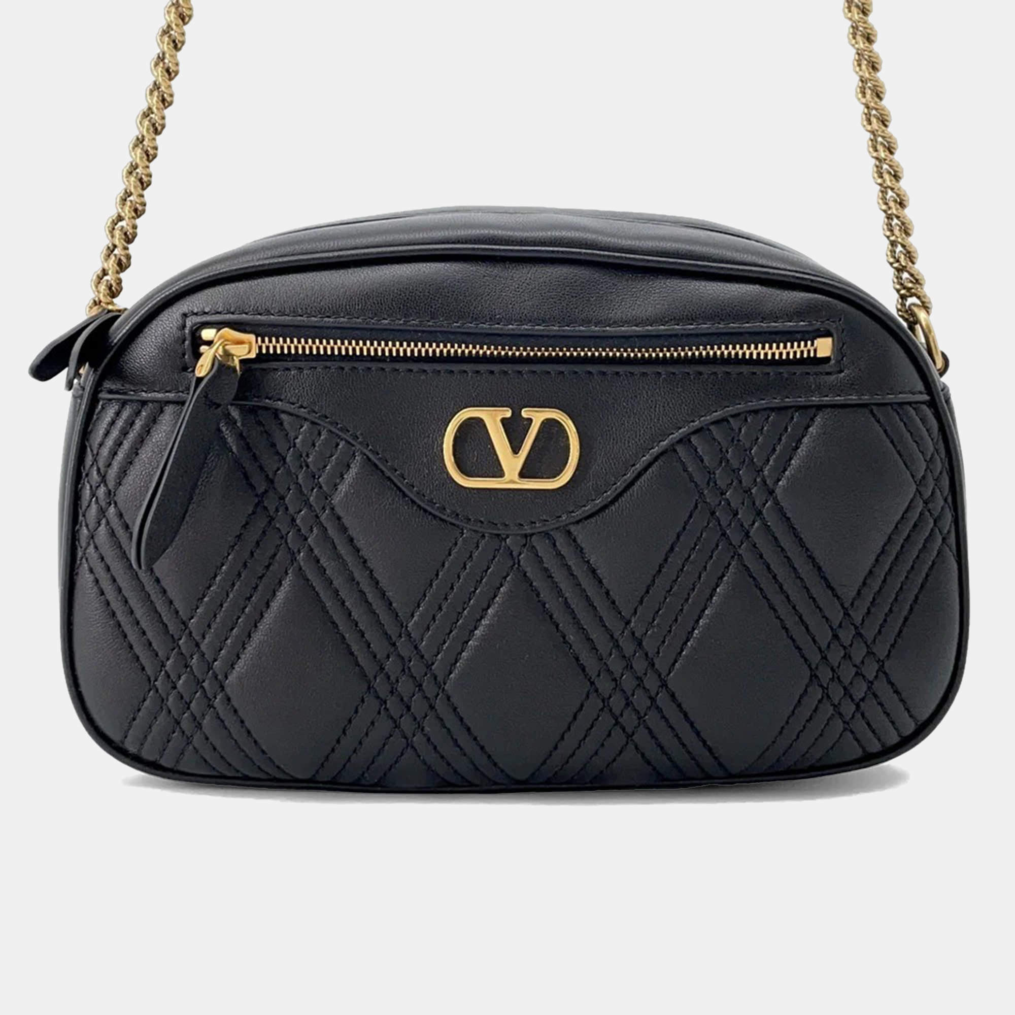 Pre Owned Valentino Garavani Quilty 67 Medium Black Leather Zip-Up Shoulder Bag