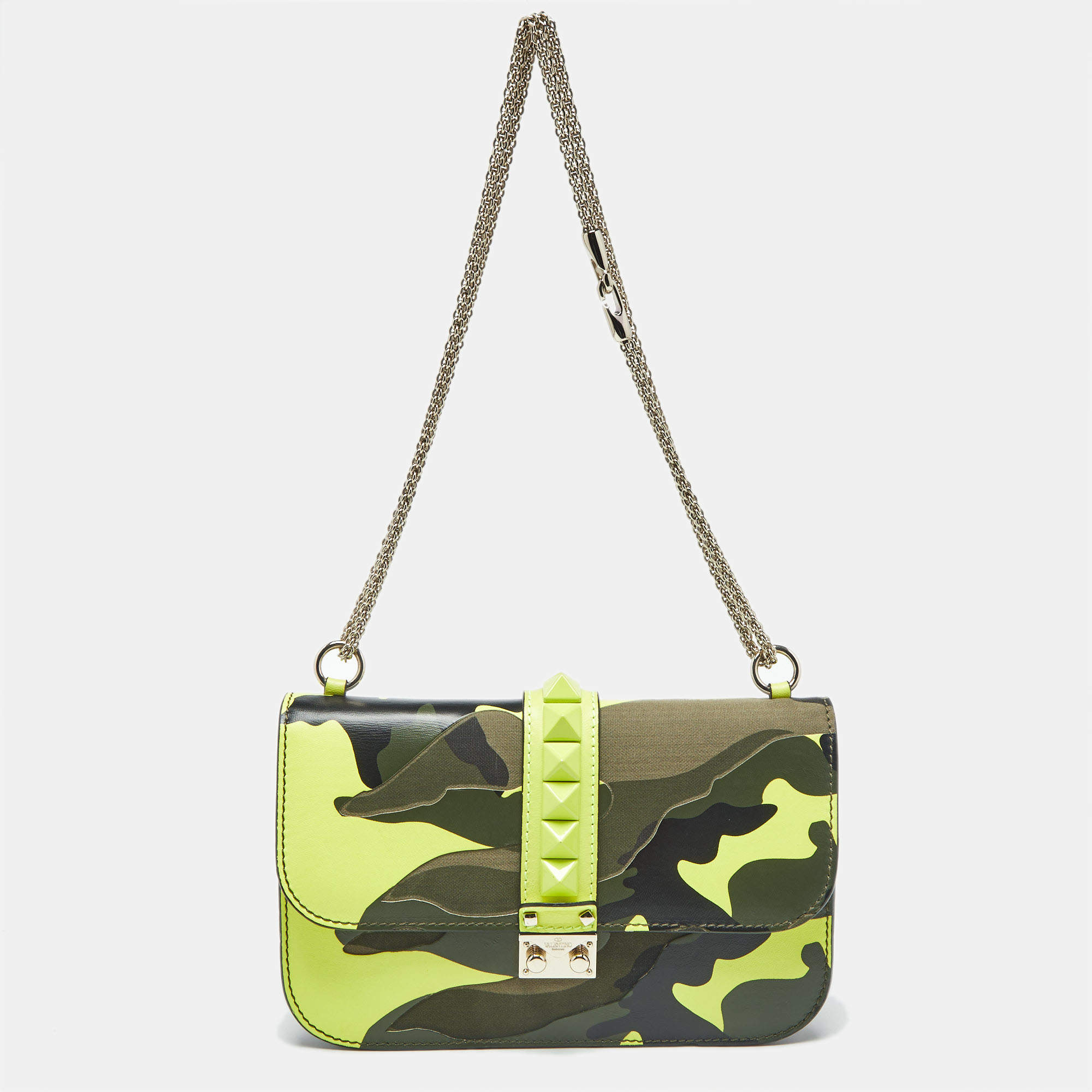 Pre Owned Valentino Multicolor Leather and Canvas  Camouflage Medium Rockstud Glam Lock Flap Bag