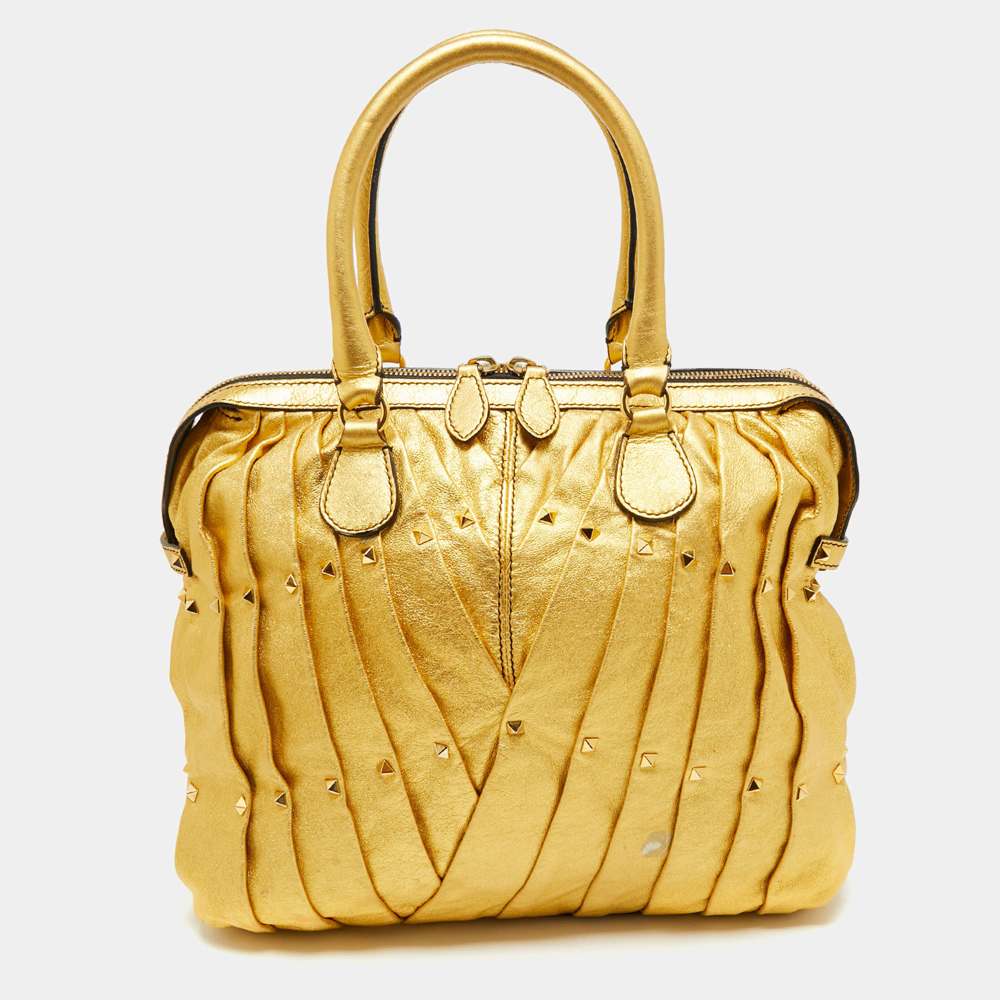 Pre Owned Valentino Metallic Gold Leather Maison Pintucked Rockstud Shopper Tote