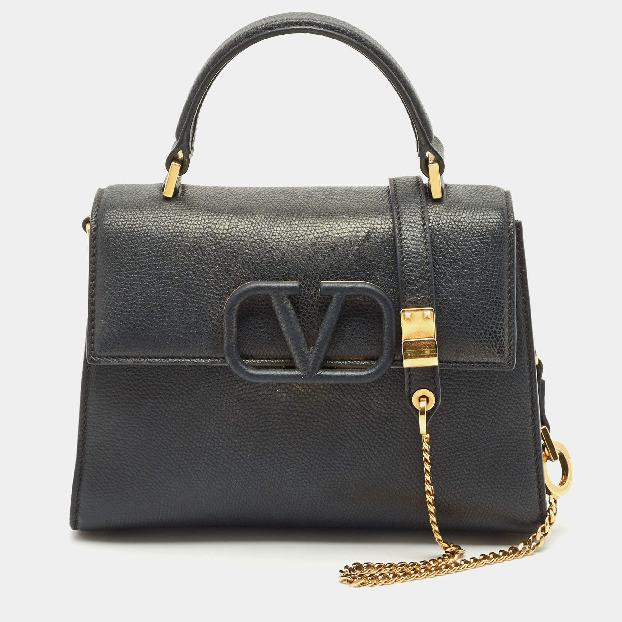 Pre Owned Valentino Black Leather Small VSling Top Handle Bag