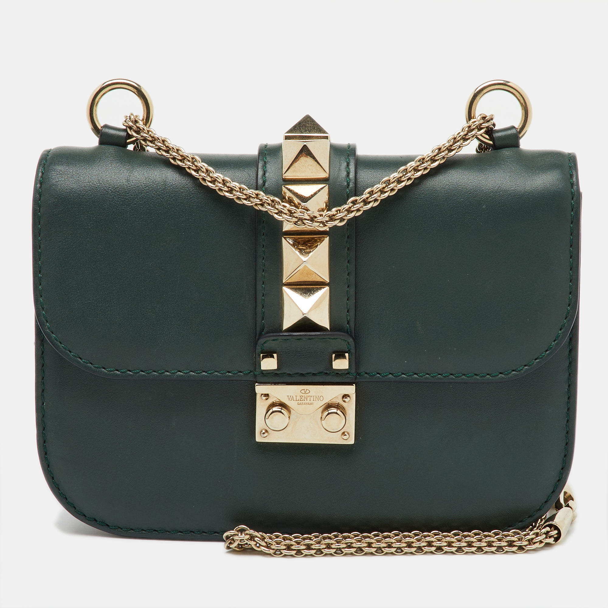 Pre Owned Valentino Dark Green Leather Rockstud Small Glam Lock Shoulder Bag