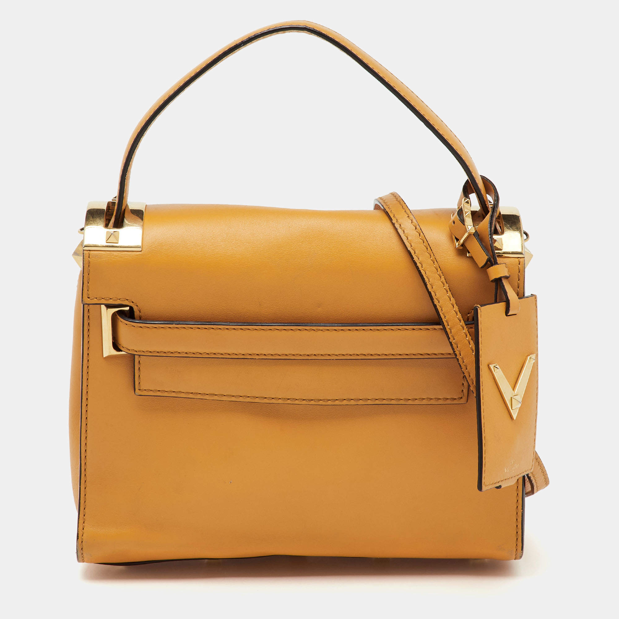 Pre Owned Valentino Mustard Yellow Leather My Rockstud Flap Top Handle Bag