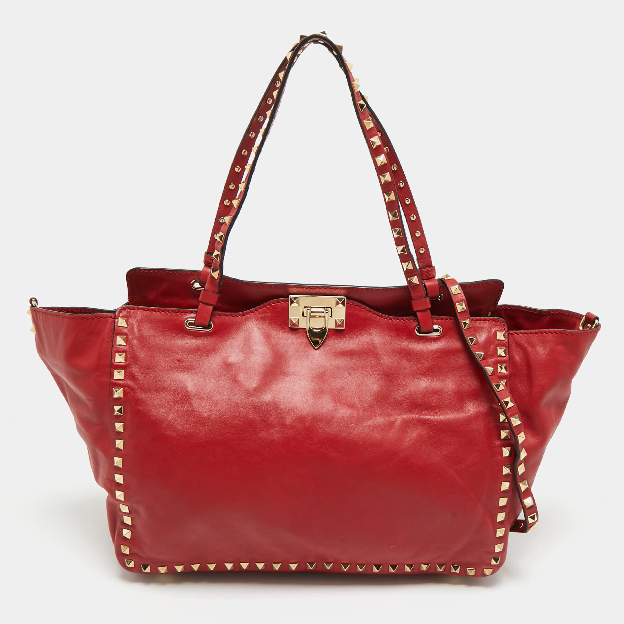 Pre Owned Valentino Red Leather Medium Rockstud Trapeze Tote