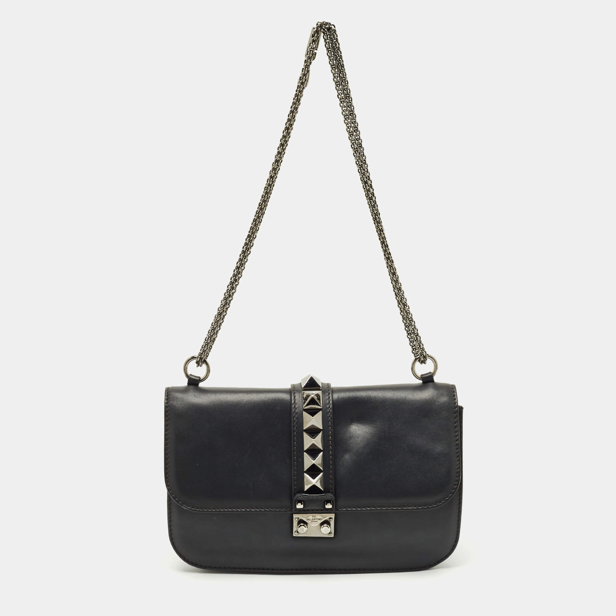 Pre Owned Valentino Black Leather Large Noir Edition Glam Lock Flap Bag