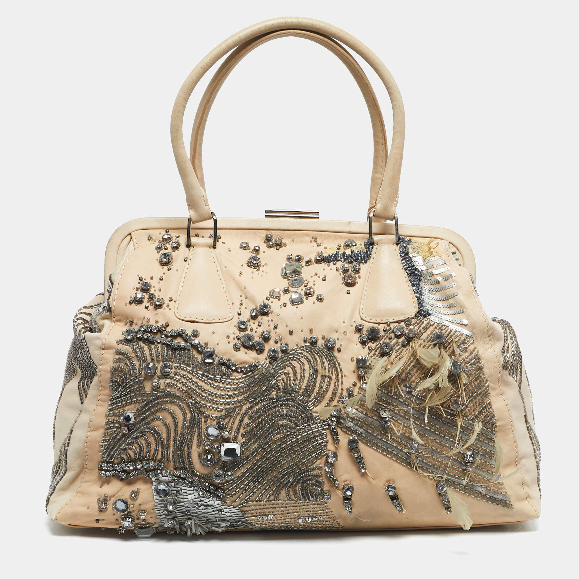 Pre Owned Valentino Two Tone Beige Leather Embellished Alice Glam Frame Satchel