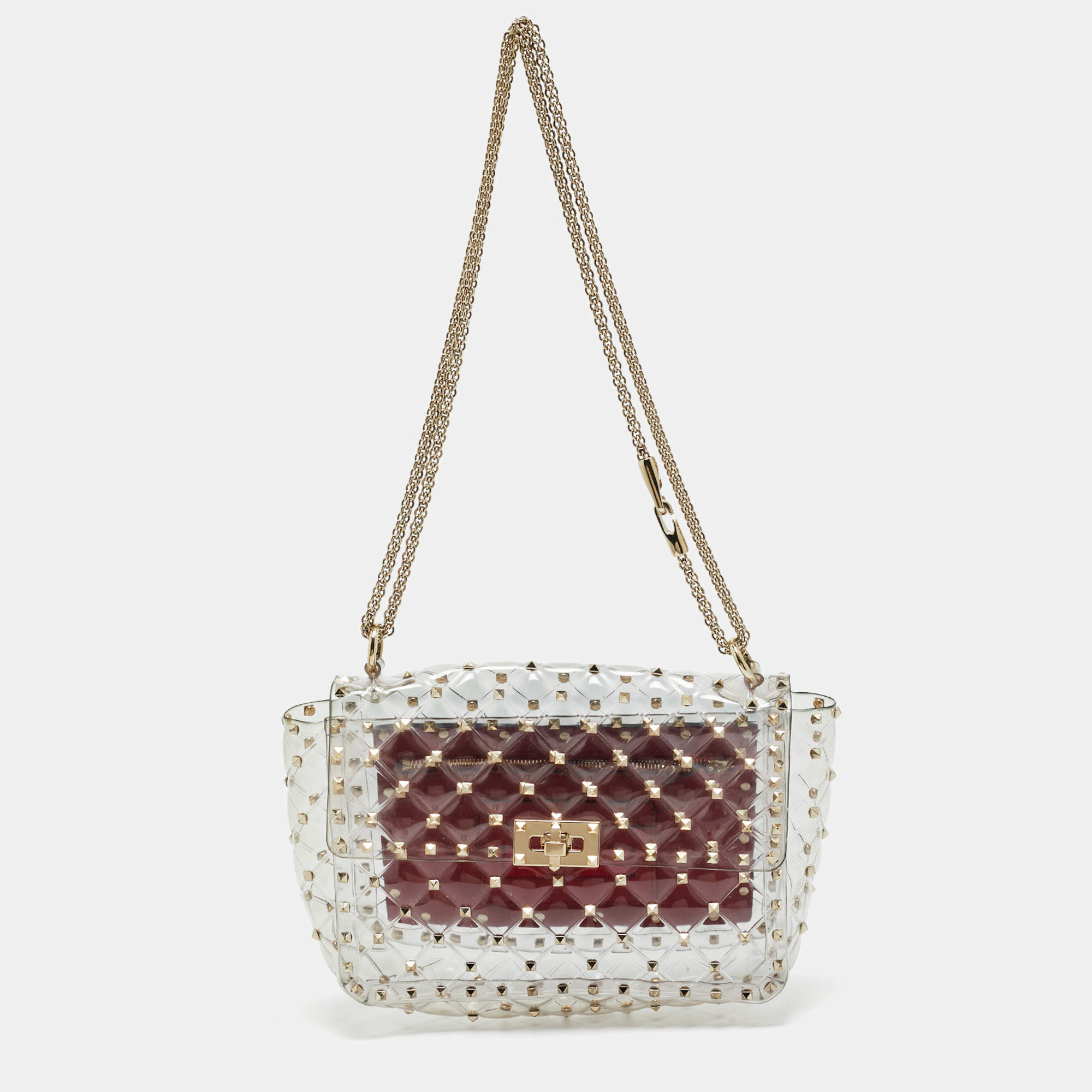 Pre Owned Valentino Clear/Red PVC Medium Rockstud Spike Top Handle Bag