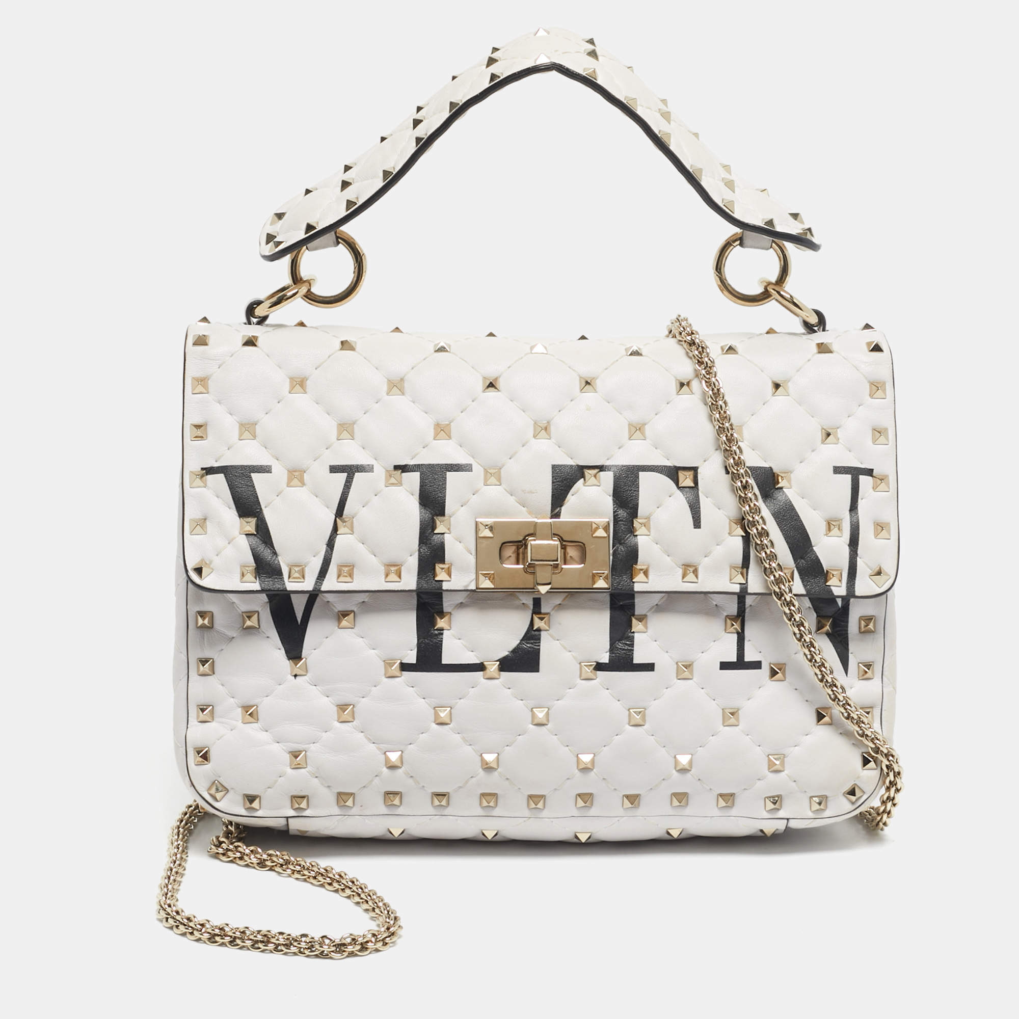 Pre Owned Valentino White Quilted Leather Medium VLTN Rockstud Spike Top Handle Bag