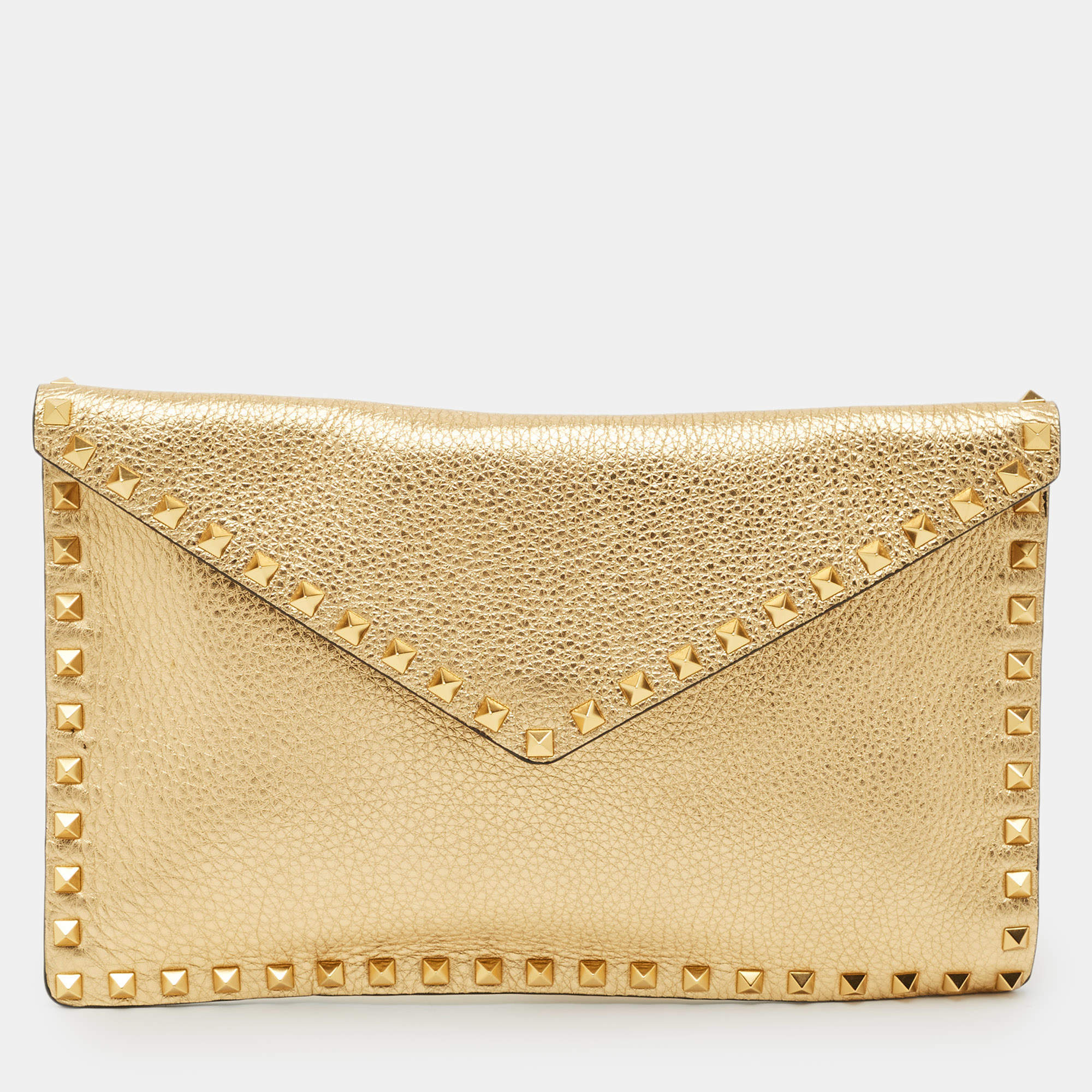 Pre Owned Valentino Gold Leather Large Rockstud Envelope Clutch